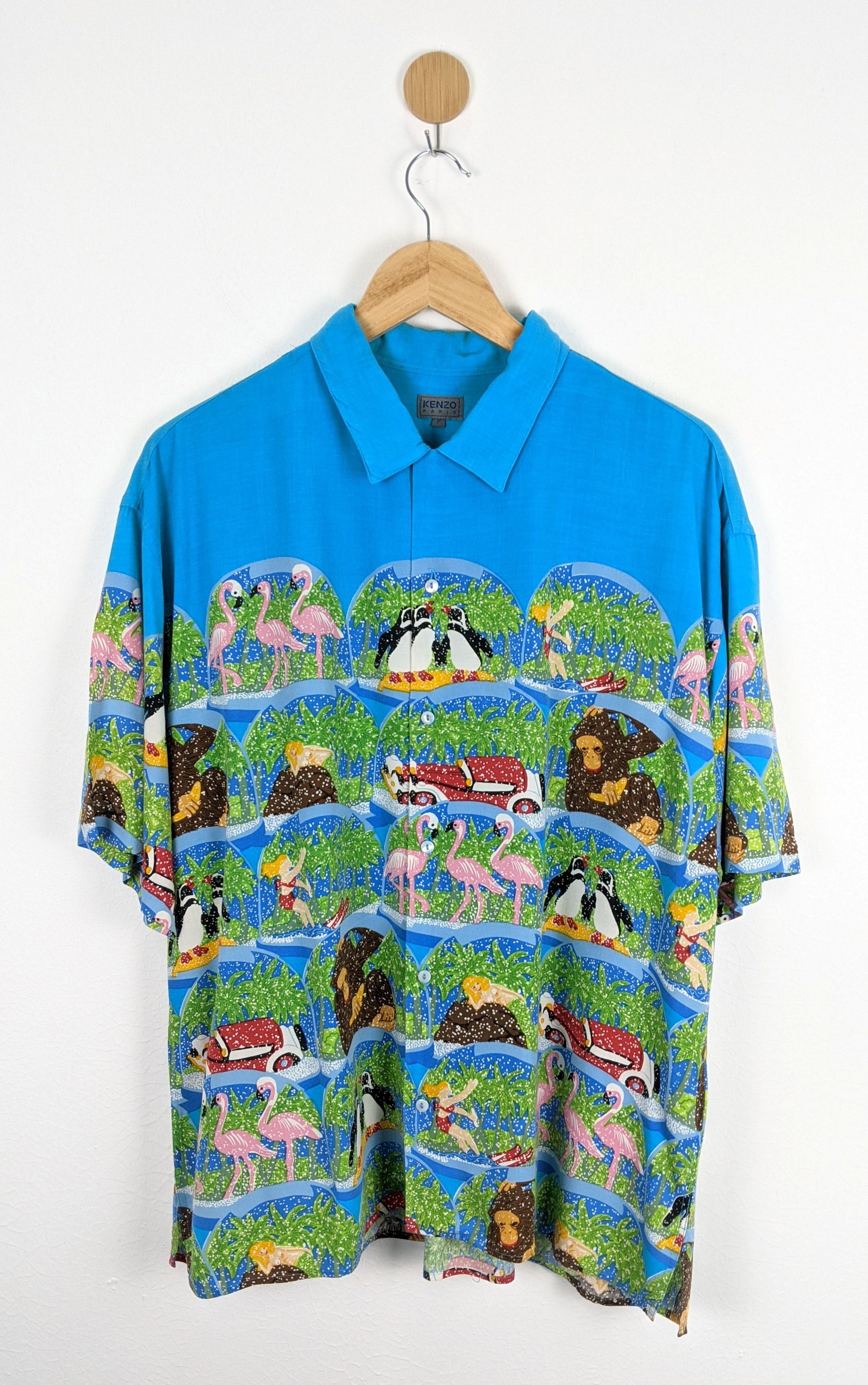image of Kenzo Button-Up Animal Print Shirt in Blue, Men's (Size Large)