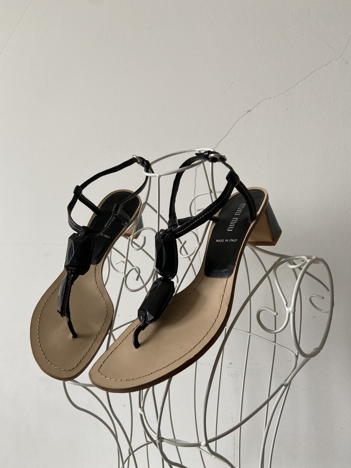 Miu Miu Miu Miu black crystal leather sandals heel Size US 7 / IT 37 - 1 Thumbnail