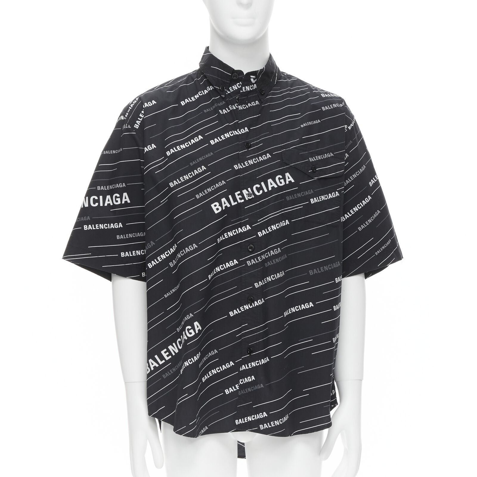 image of Balenciaga 2018 Demna Black White Logo Print Oversized Short Sleeve Shirt Eu38 S, Men's (Size Small