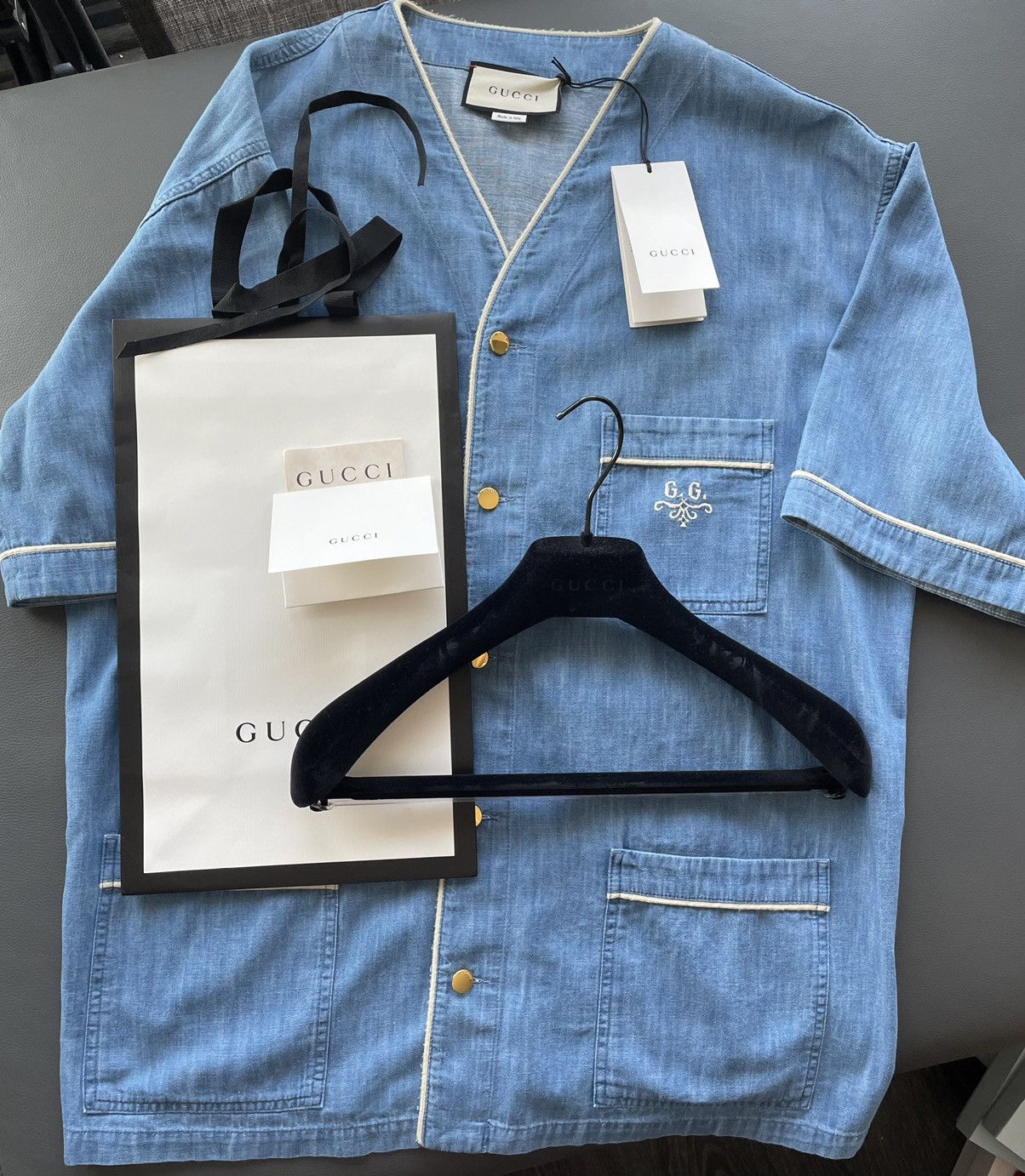 image of Gucci Super Runway Oversized Denim Logo Bowling Shirt, Men's (Size XL)