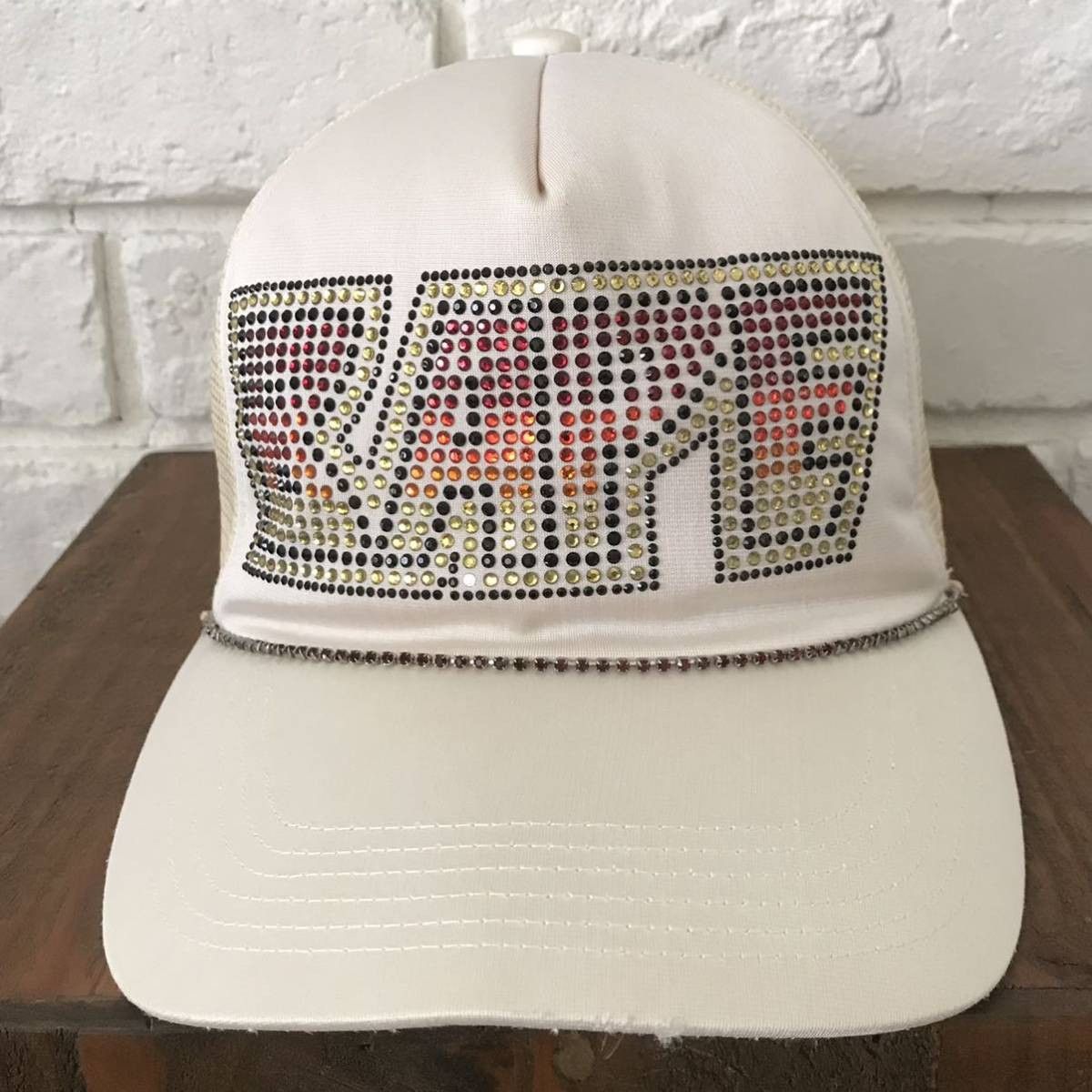image of Bape Kiss Logo Swarovski Trucker Hat Cap Nigo in White, Men's