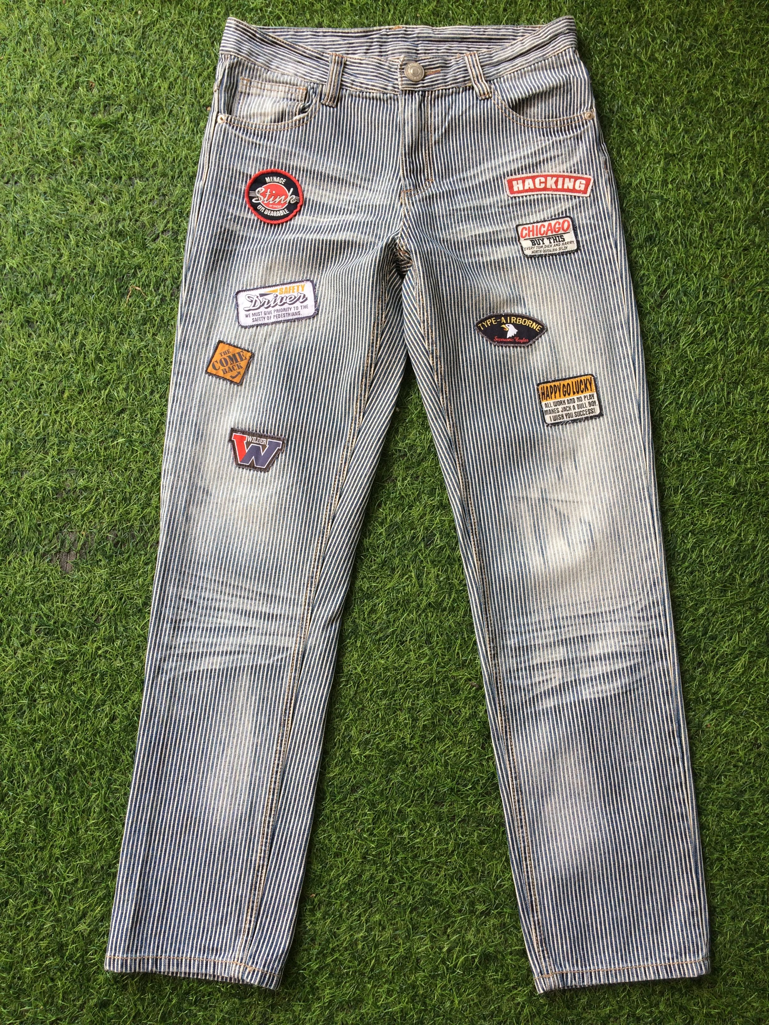 Japanese Brand Distressed Hickory Stripe Patches Jeans #D-236 Size US 30 / EU 46 - 2 Thumbnail