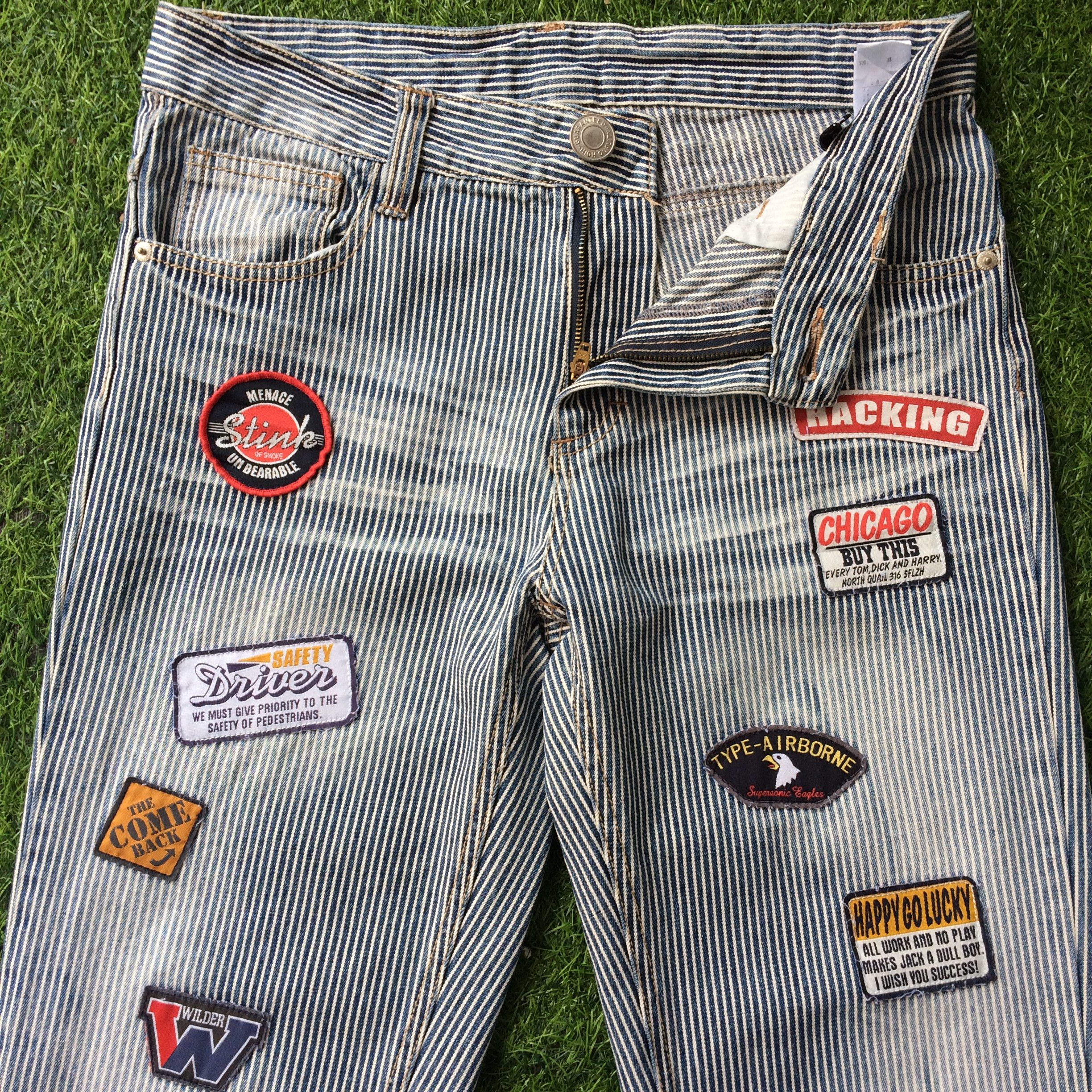 Japanese Brand Distressed Hickory Stripe Patches Jeans #D-236 Size US 30 / EU 46 - 1 Thumbnail
