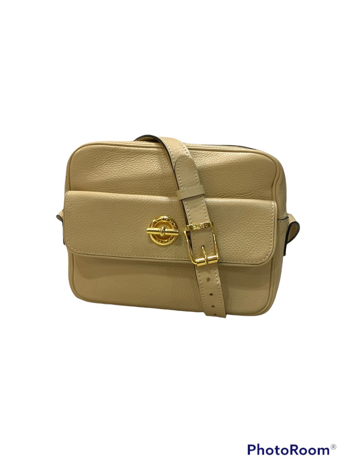 image of Celine Circle Logo Plate Shoulder Sling Bag in Beige, Men's