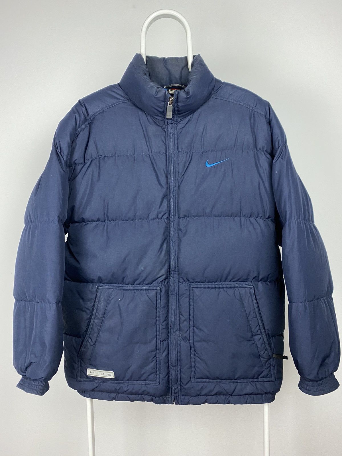 Nike × Vintage 90s Nike vintage navy puffer jacket big swoosh baby blue Size US XL / EU 56 / 4 - 1 Thumbnail