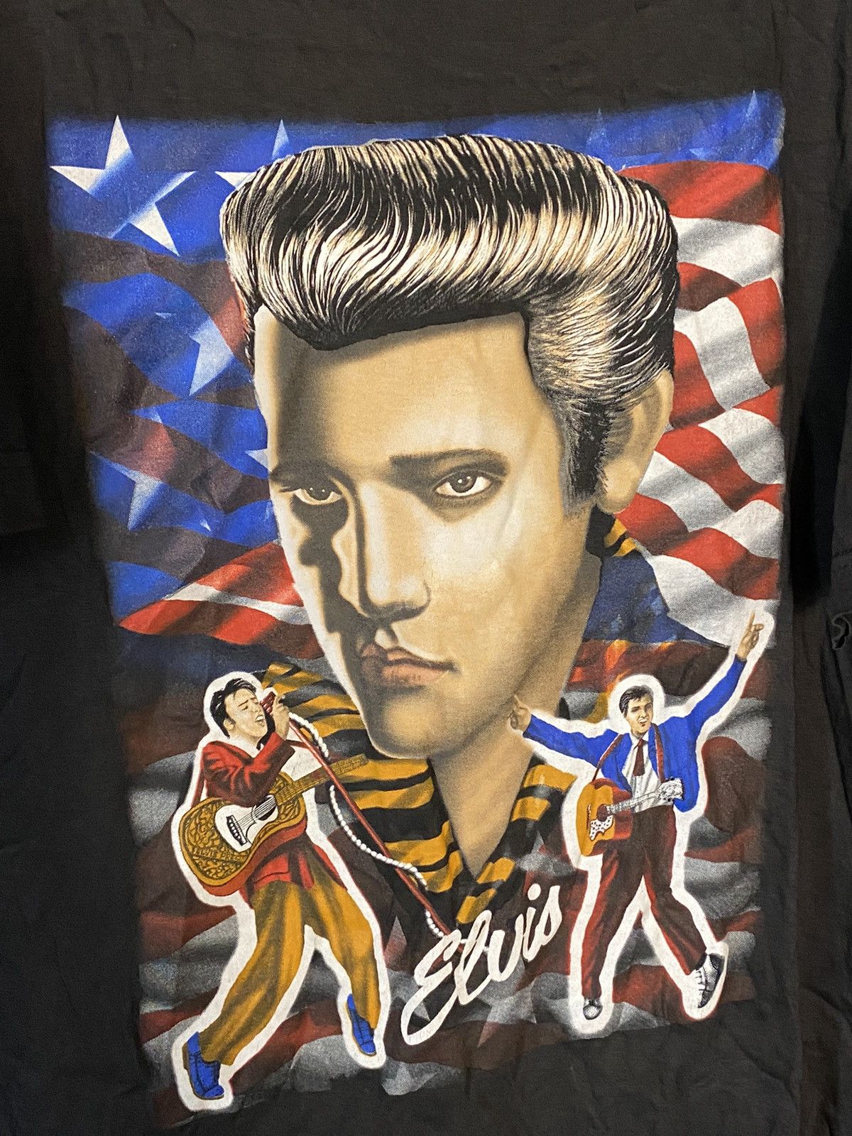 Band Tees × Vintage 90s Vintage Elvis Aaron Presley Big Logo Black T-shirt Size US XL / EU 56 / 4 - 3 Thumbnail