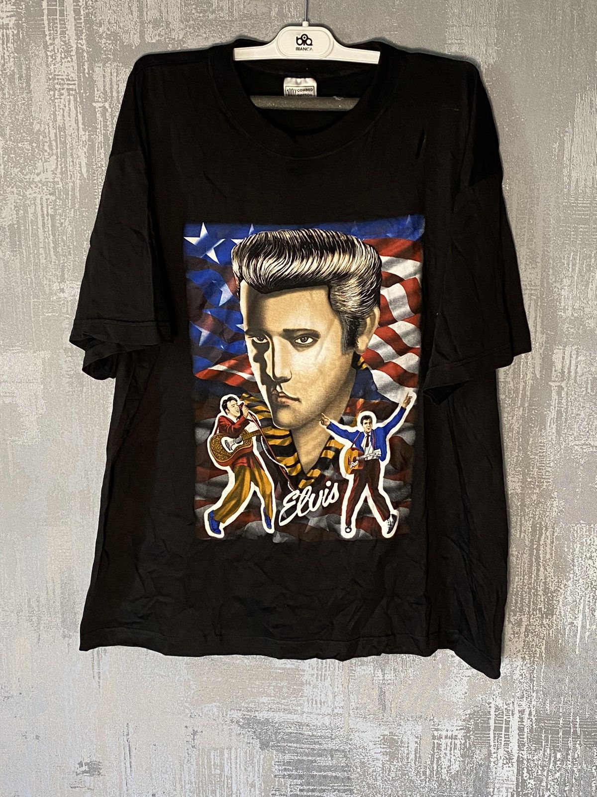 Band Tees × Vintage 90s Vintage Elvis Aaron Presley Big Logo Black T-shirt Size US XL / EU 56 / 4 - 1 Thumbnail