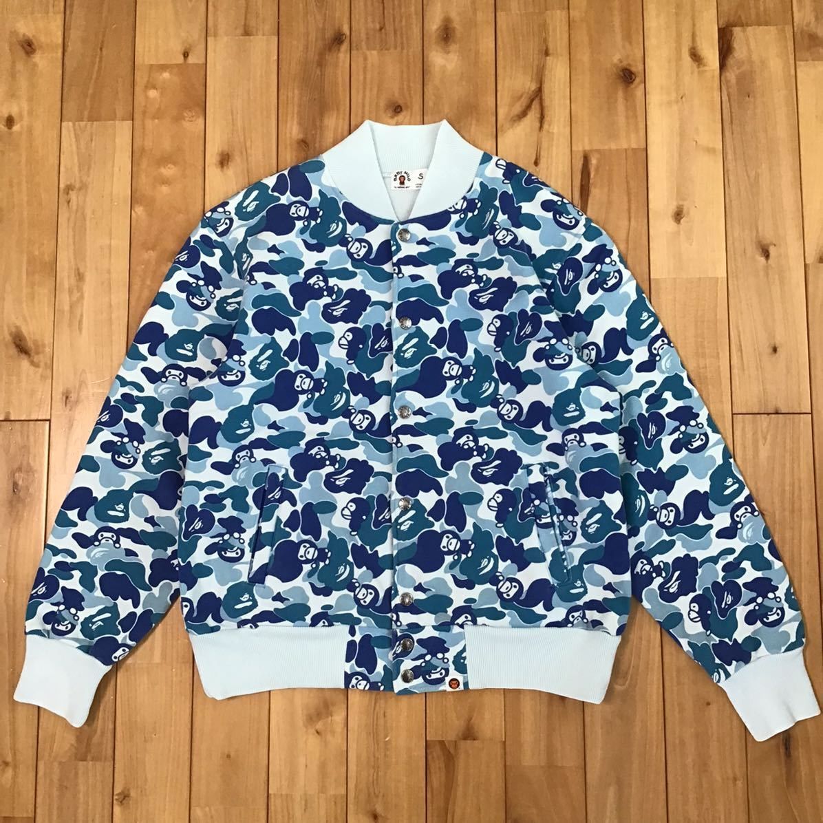 image of Bape Baby Milo Abc Camo Blue Sweat Varsity Jacket Ape Nigo, Men's (Size Small)