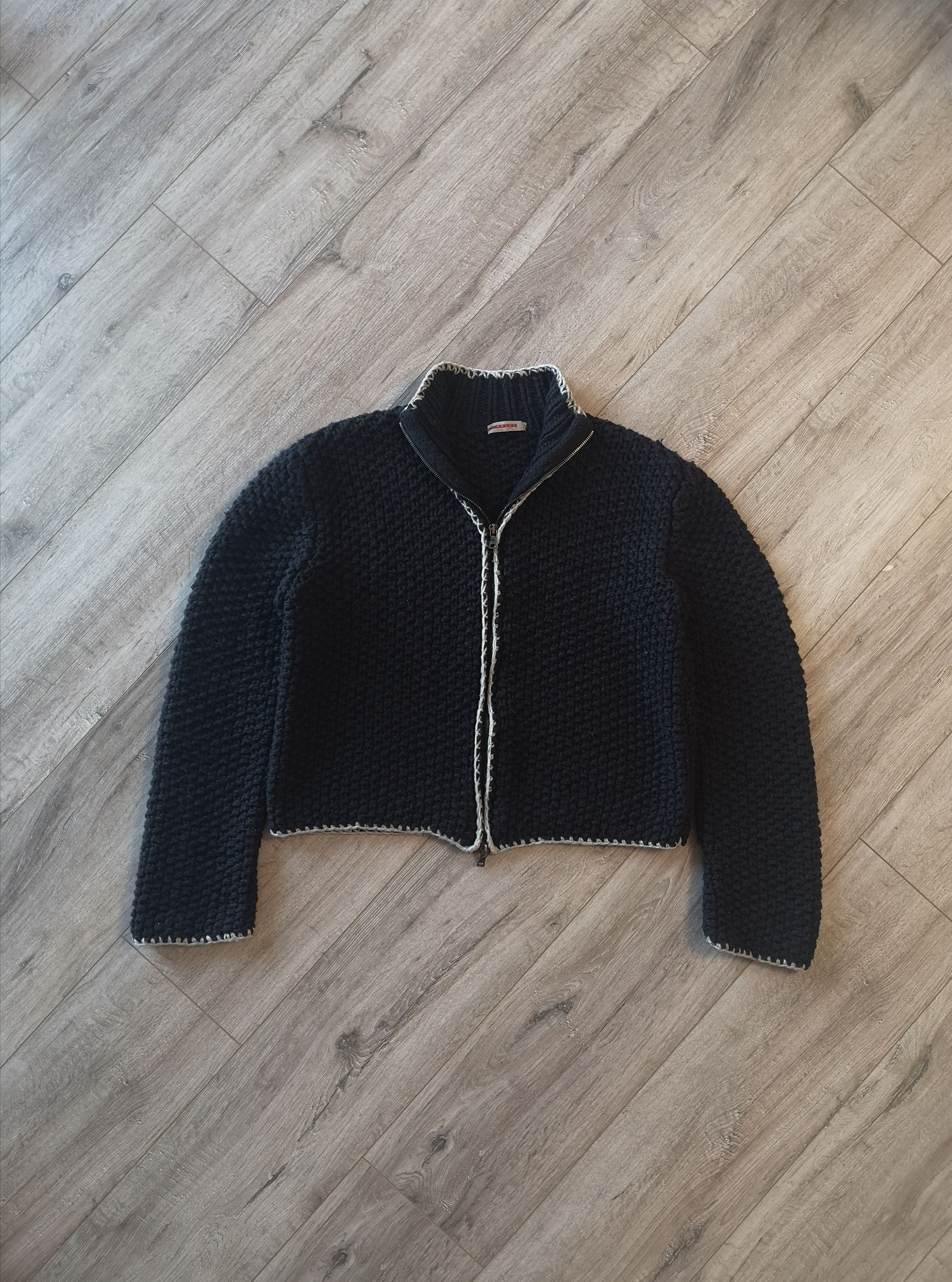 image of Vintage Women's Prada Wool Mesh Knit Black Zip Sweater (Size Medium)