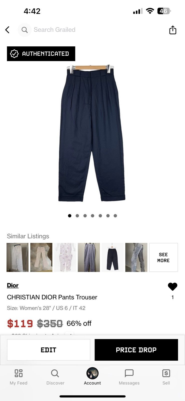 Dior Vintage Christian Dior Pleated Navy Wool Trousers L 90s Size 28" / US 6 / IT 42 - 8 Thumbnail