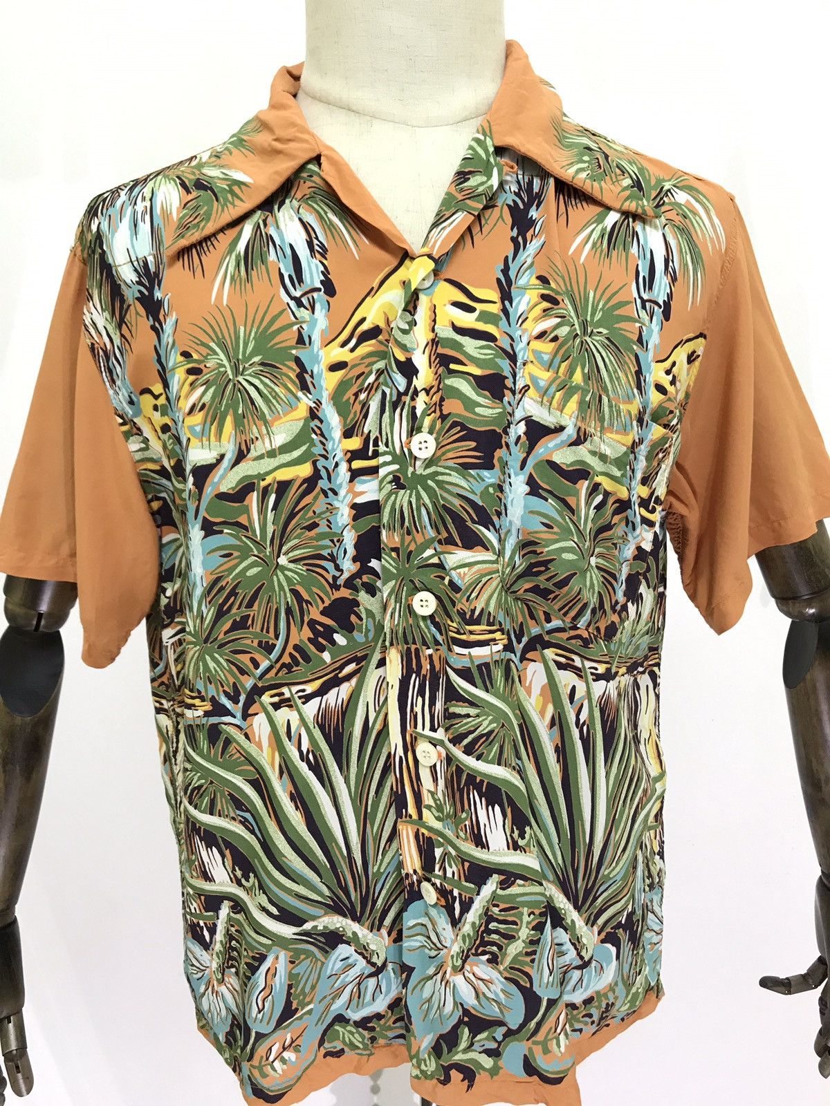 image of 100% Rayon Palm Trees Border Hawaiian Shirt in Orange, Men's (Size Medium)