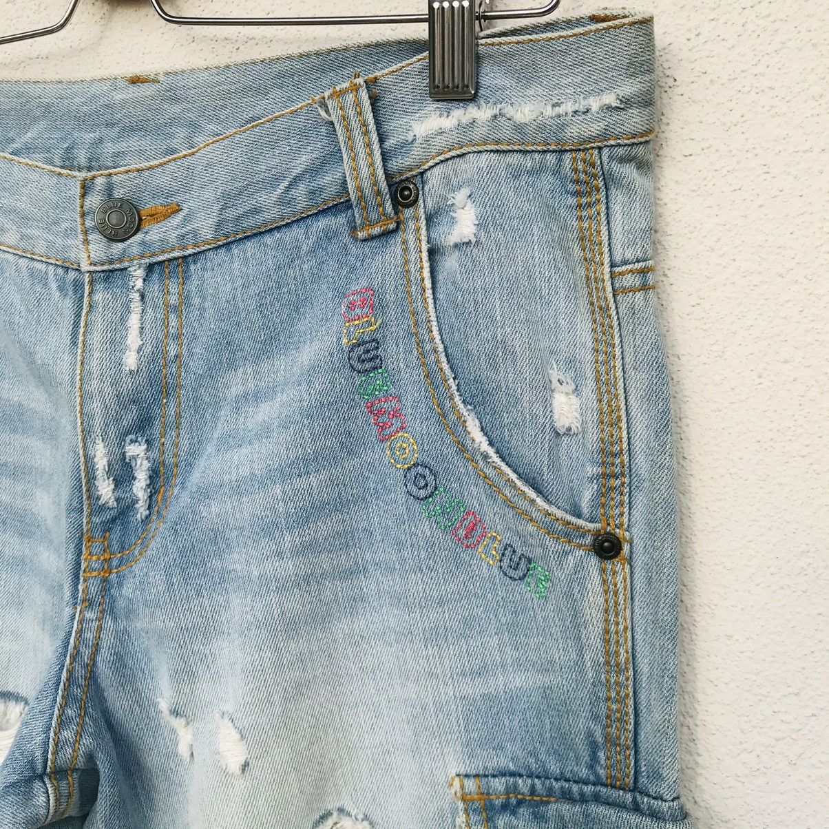 Japan Blue × Japanese Brand Blue Moon Blue multicolor embroidered distressed denim Size US 29 - 10 Thumbnail