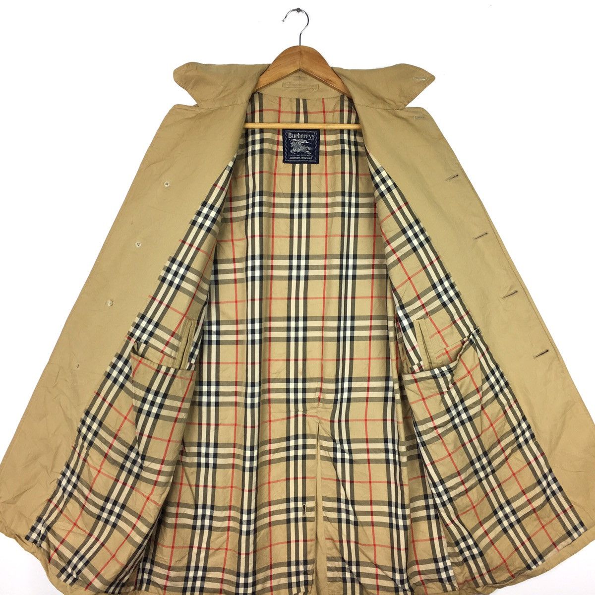 image of Burberrys’ London Long Coat Big Logo Nova Check in Cream, Men's (Size Medium)