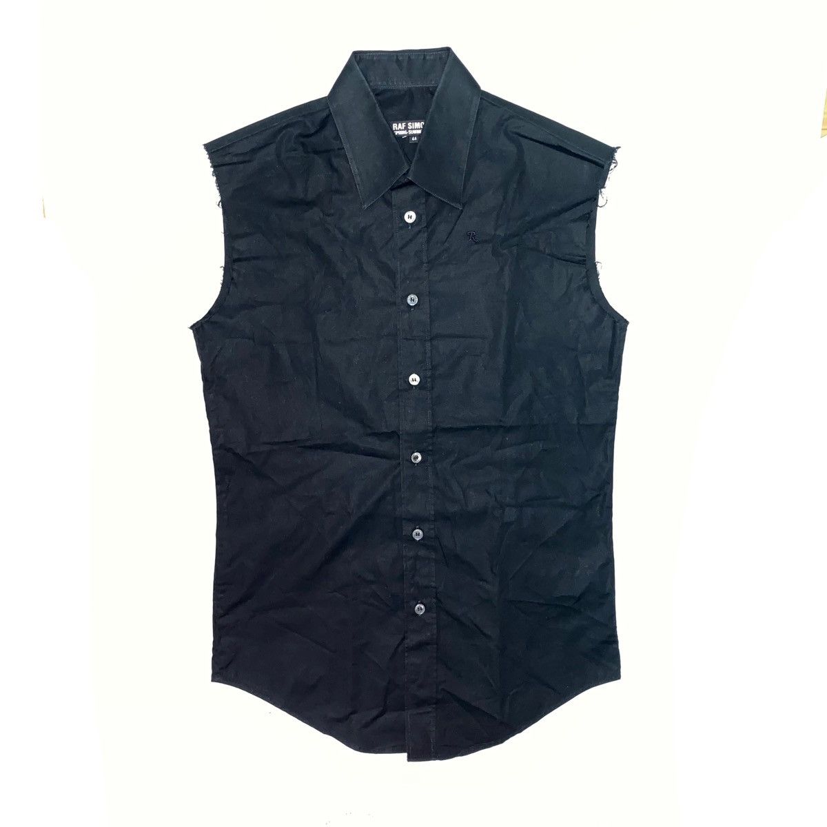 image of Raf Simons Ss08 Logo Embroidery Sleeveless Ripped Tank Button Up Shirt in Black, Men's (Size Small)