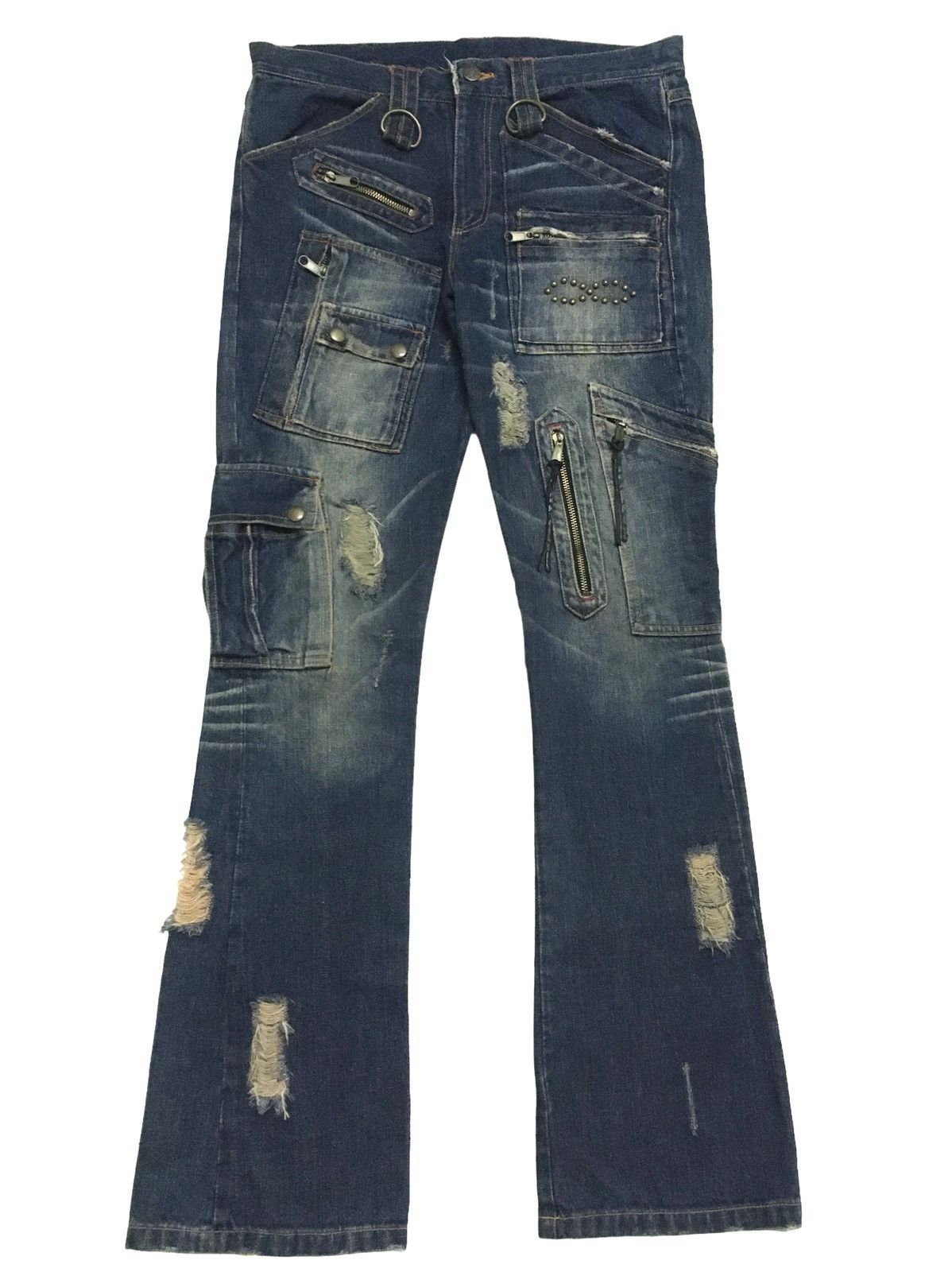 14th Addiction Vintage Japanese Brand Tactical Zipper Flared Jeans 1990s Size US 33 - 1 Thumbnail