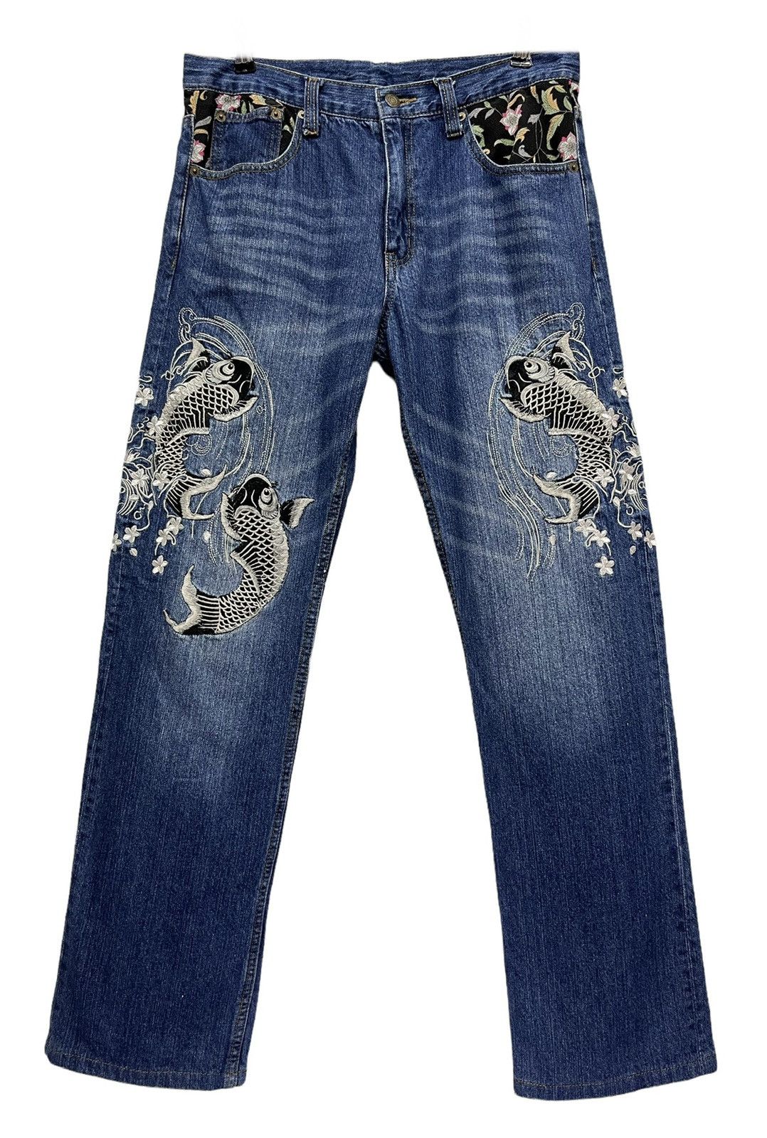 Karakuri Tamashii 🔥OSCAR Sukajan Embroidery Tattoo Fish Koi Karakuri Denim Size US 31 - 3 Thumbnail