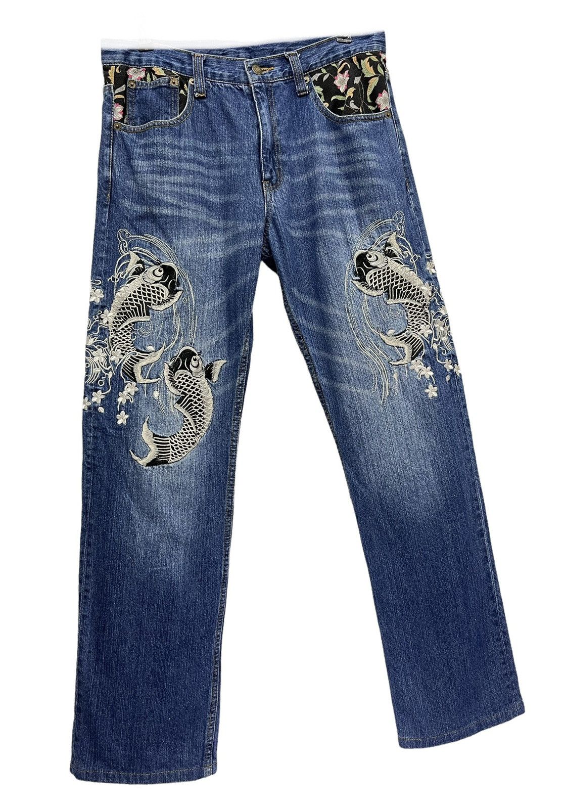 Karakuri Tamashii 🔥OSCAR Sukajan Embroidery Tattoo Fish Koi Karakuri Denim Size US 31 - 2 Thumbnail
