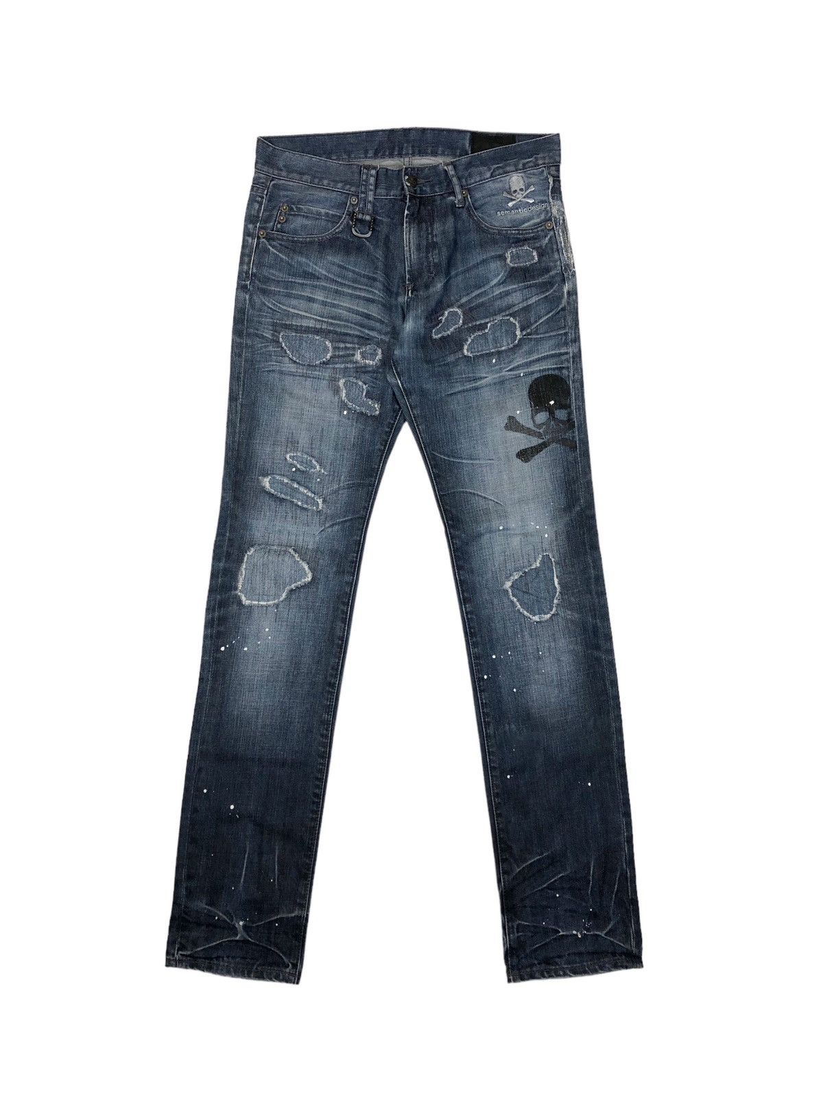 image of If Six Was Nine x Roen Semantic Design X Roen Patchwork Slim Fit Denim Jeans in Bleu (Size 32)