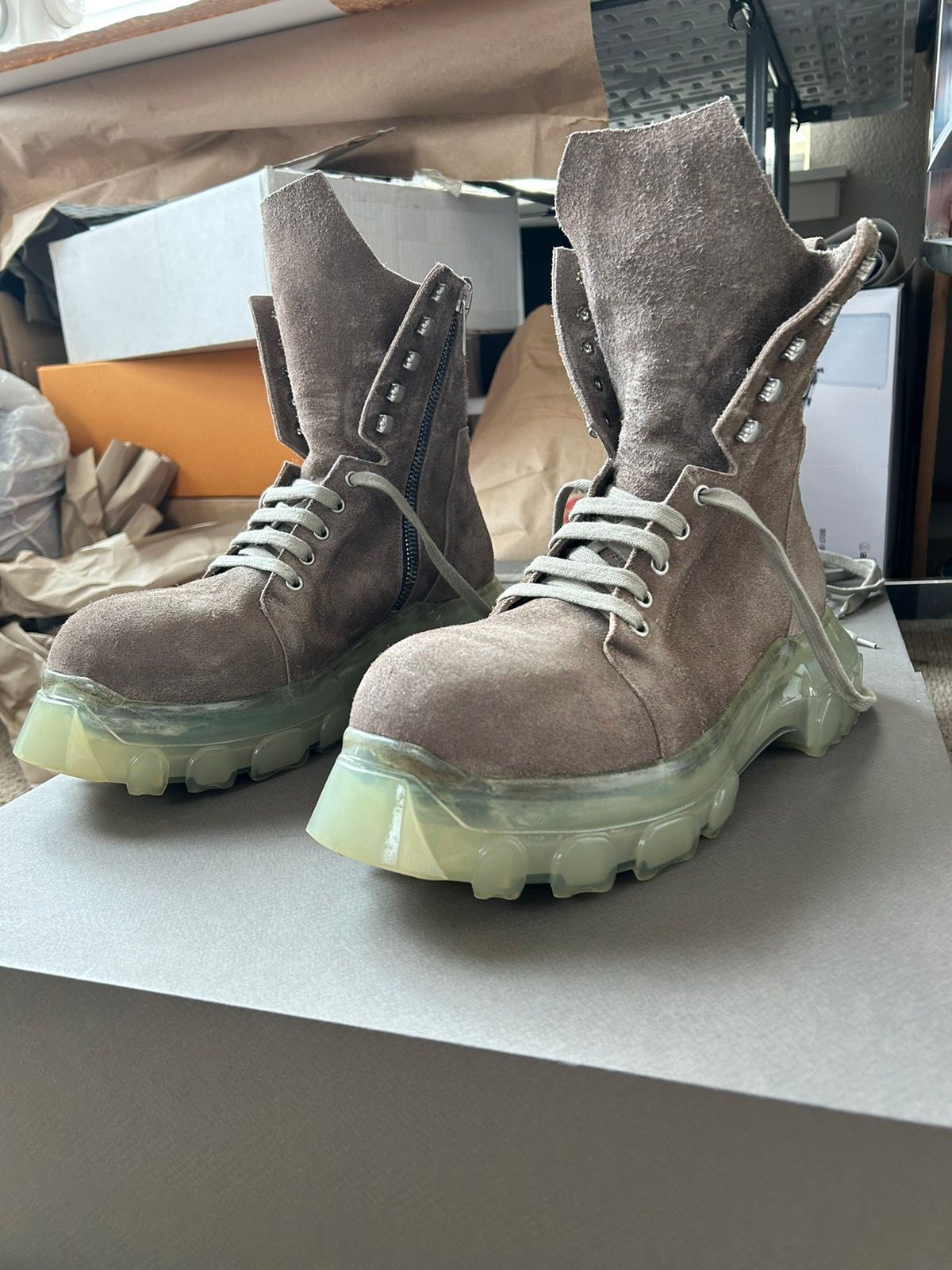 Pre-owned Rick Owens Ss22 Fogachine Tractor Boots In Dust