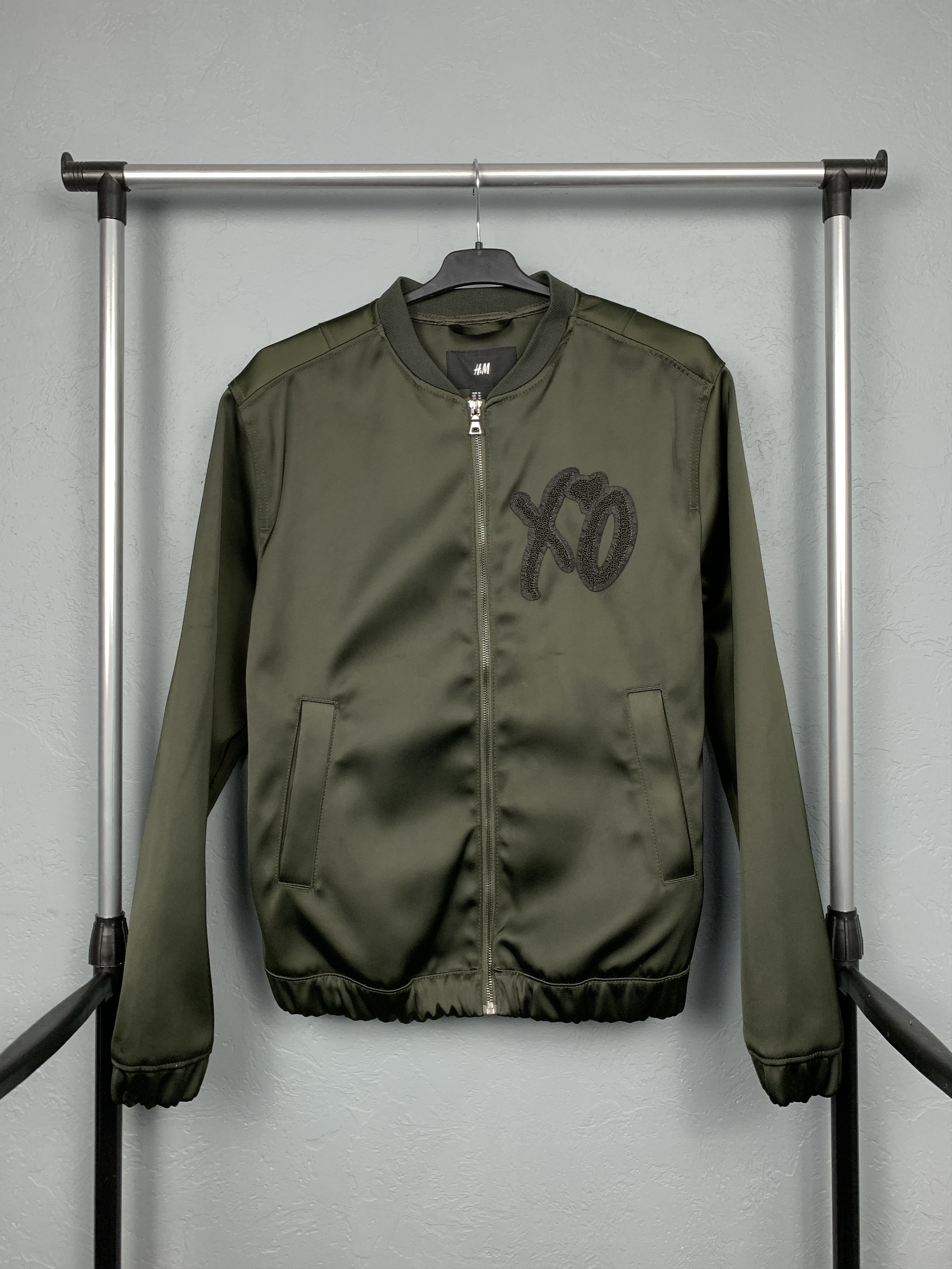 image of H&m X The Weekend Xo Bomber Jacket Green Patch Satin in Khaki, Men's (Size Medium)