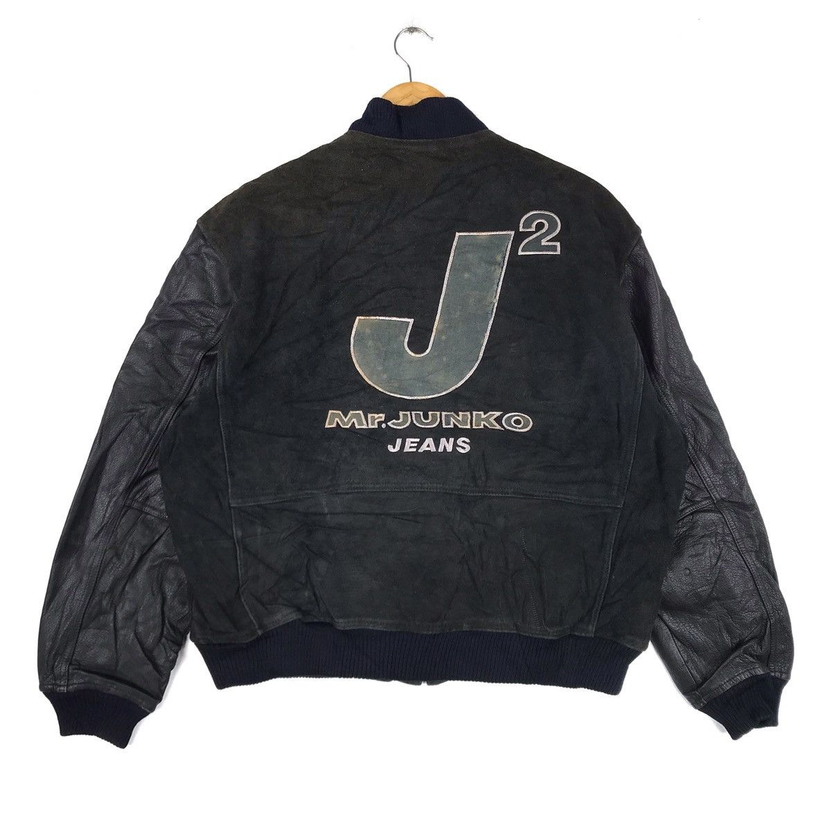 image of Leather Jacket x Mr Junko VTG Mr. Junko Jeans J2 Leather Varsity Jacket in Black (Size Medium)
