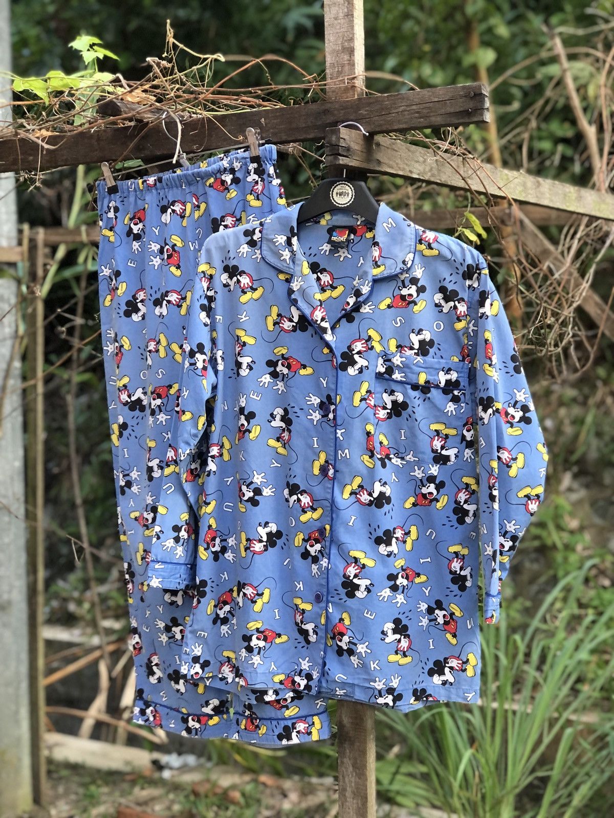 image of Vintage 90's Disney Mickey Mouse Fullprint Pyjama Set in Blue, Men's (Size Large)