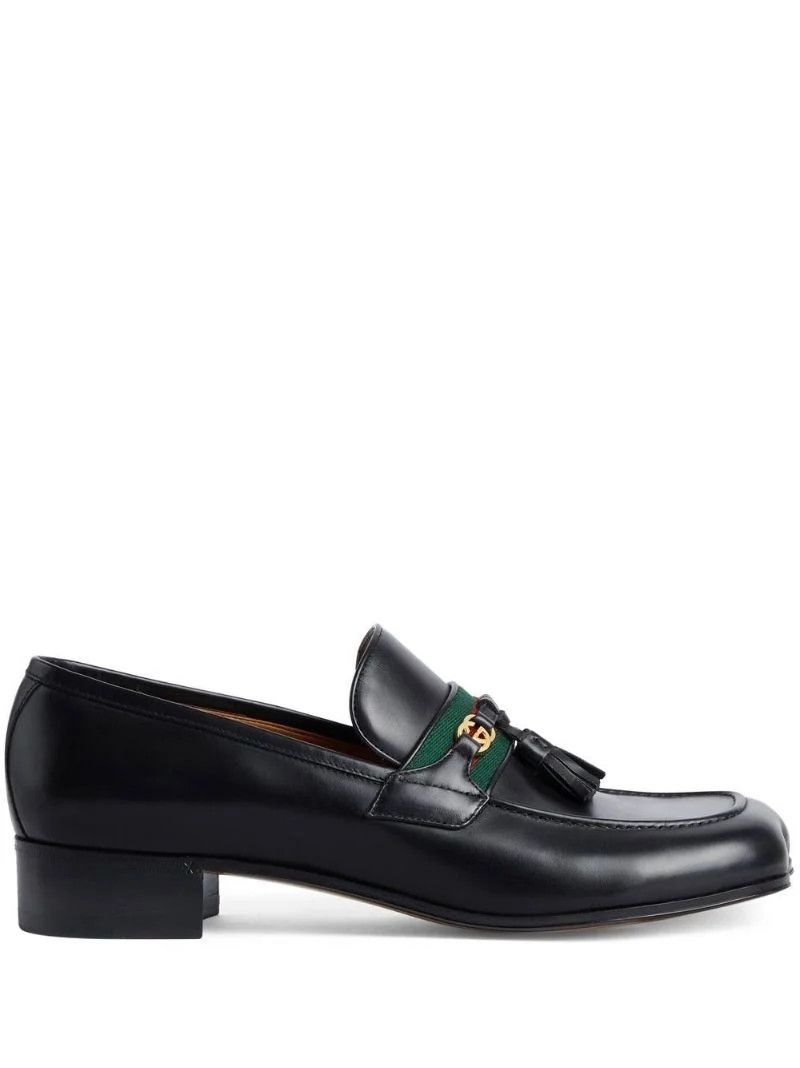 Black Web Stripe Leather Loafers