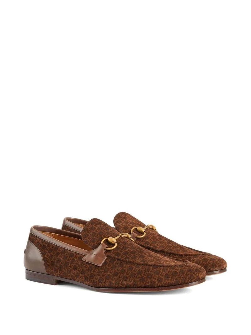 Brown Horsebit Monogram Suede Loafers