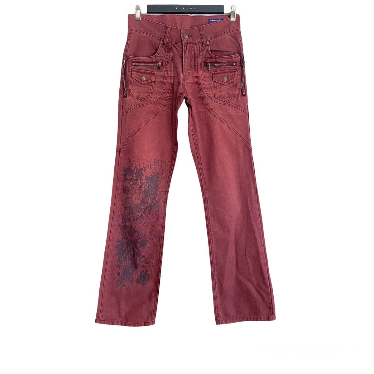 image of Seditionaries Japanese Semantic Denim Bush Pants Flares Zipper Printed in Maroon, Men's (Size 28)
