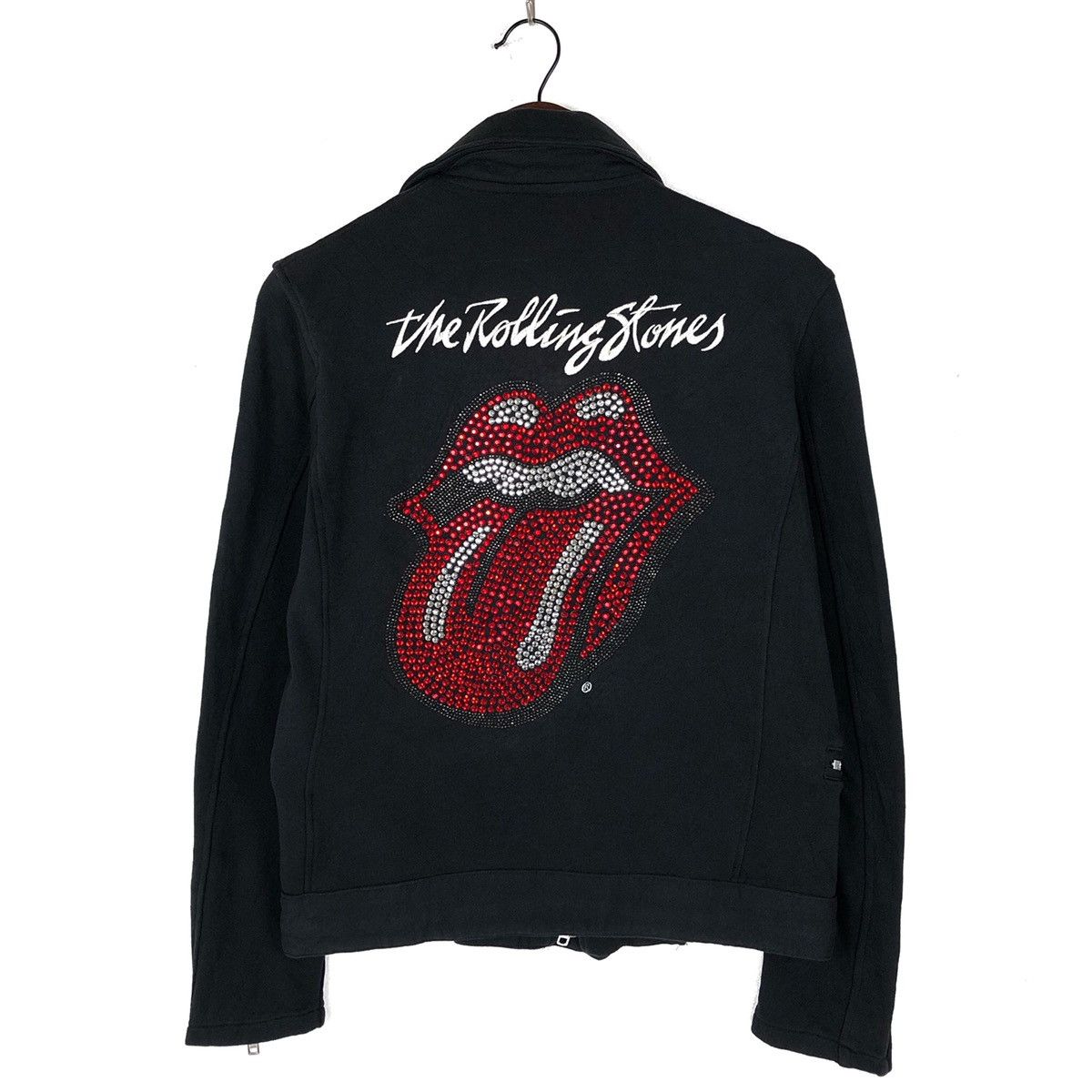 image of Jack Rose x The Rolling Stones Rolling Stones Swarovski Crystal Beads Cotton Biker Jacket in Black,