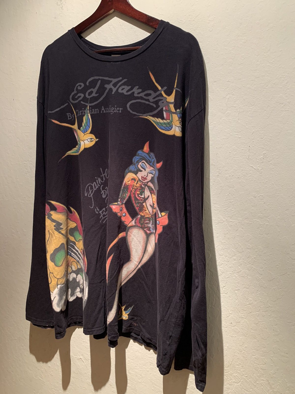 image of Christian Audigier x Ed Hardy Vintage Ed Hardy All-Over Print Long Sleeve Shirt 2Xl in Black/Gray