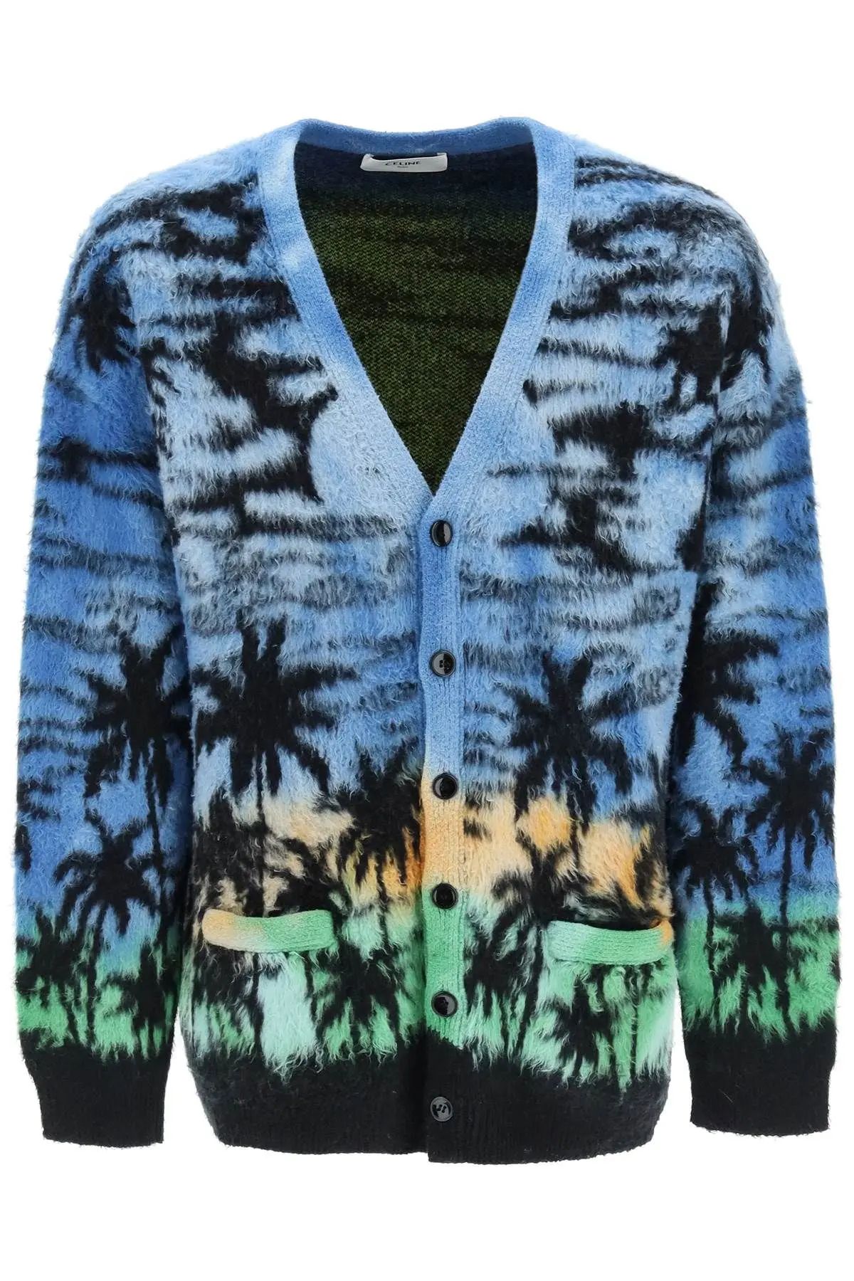 image of Celine Ss23 Furry-Effect Cardigan With Sunset Celine in Blue, Men's (Size Small)