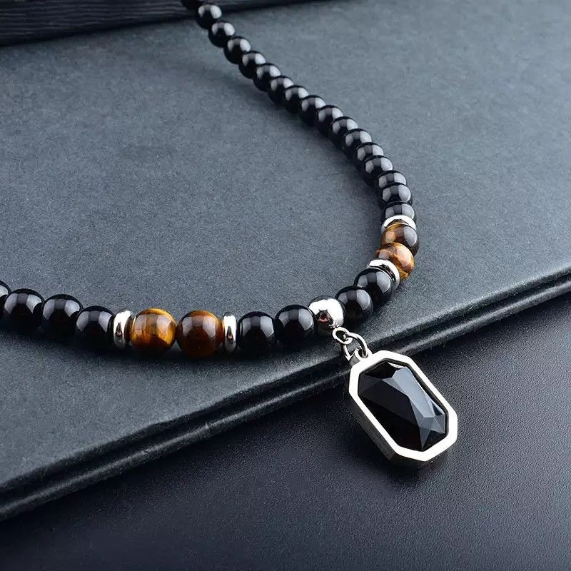 Jewelry × Vintage Stainless Steel Tiger Eye Black Crystal Pendant Necklace Size ONE SIZE - 2 Thumbnail