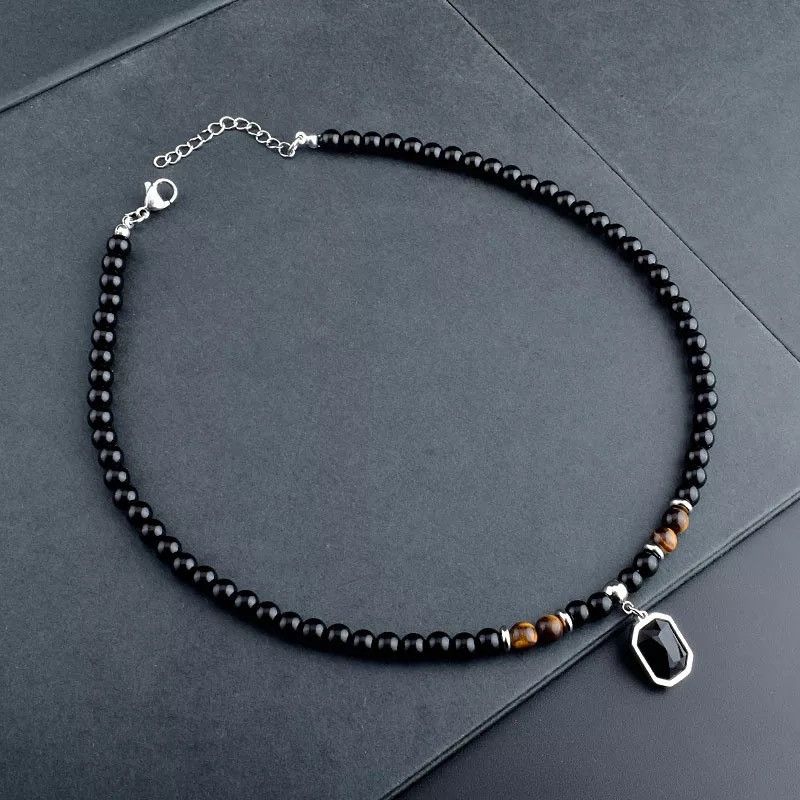 Jewelry × Vintage Stainless Steel Tiger Eye Black Crystal Pendant Necklace Size ONE SIZE - 1 Thumbnail