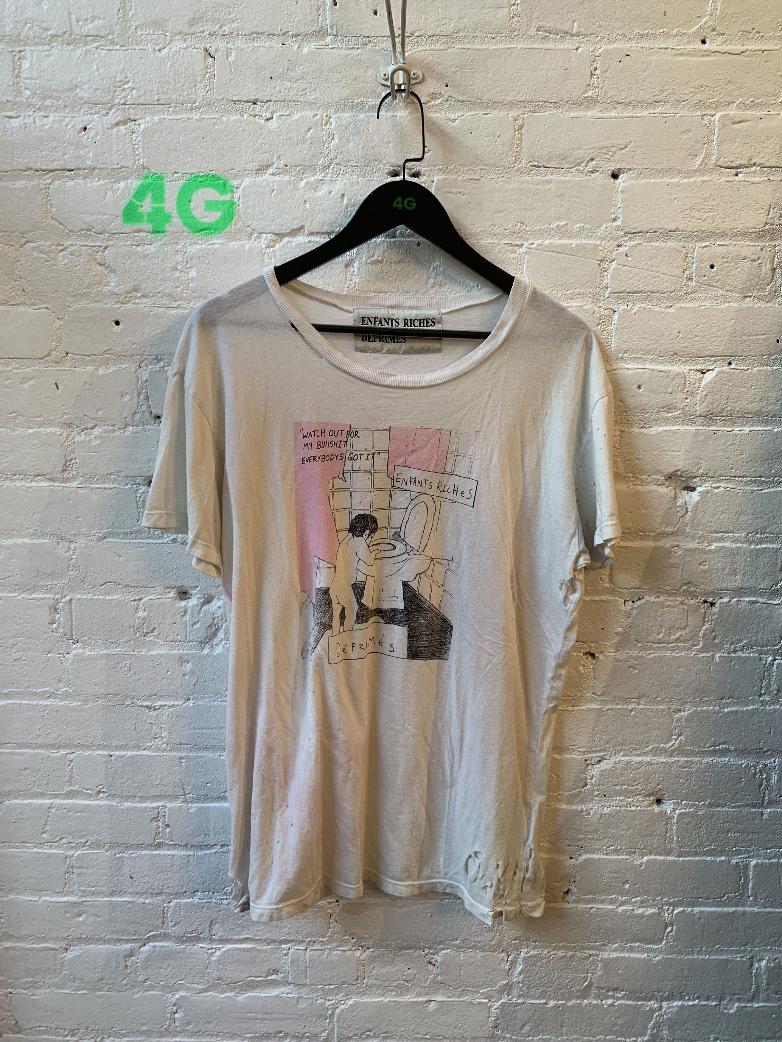 image of Enfants Riches Deprimes Erd Thrashed Baby Bullshit Tee in White, Men's (Size Medium)