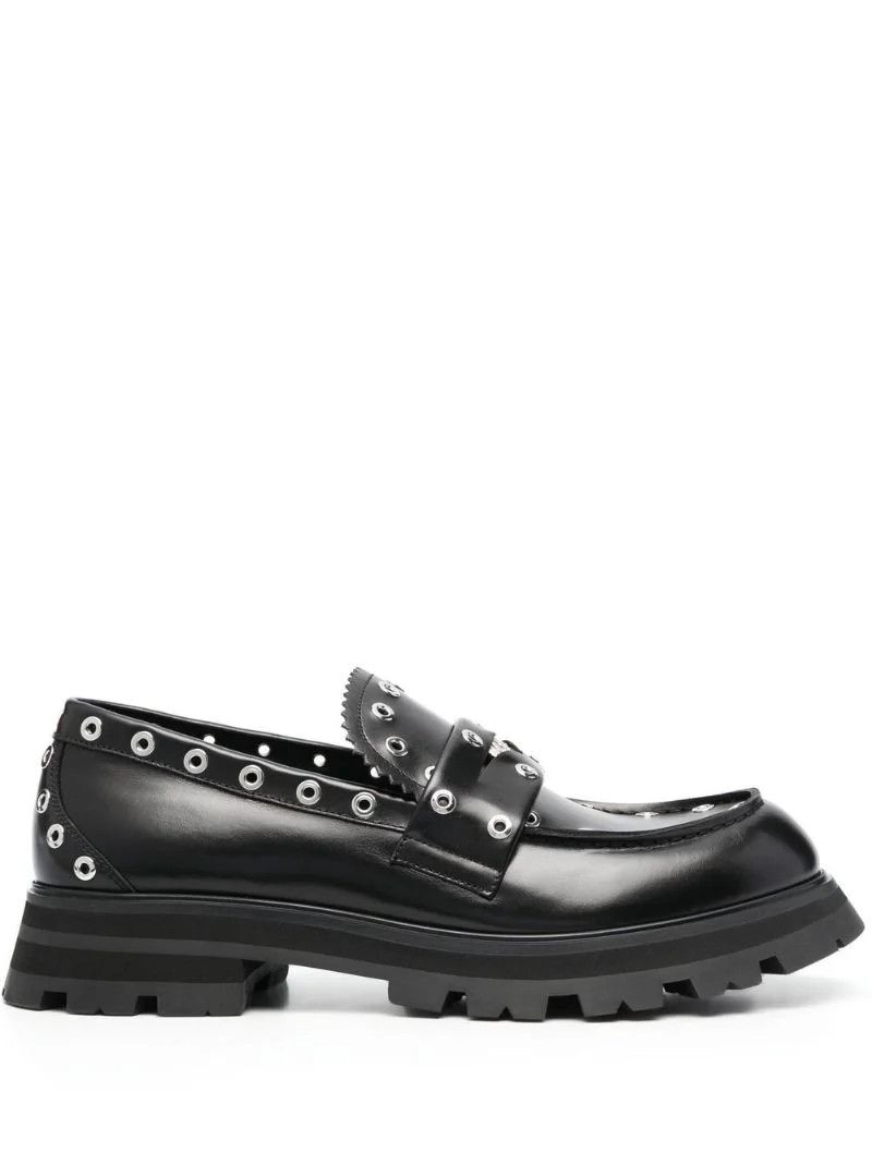 Black Eyelet-Embellished Leather Loafers