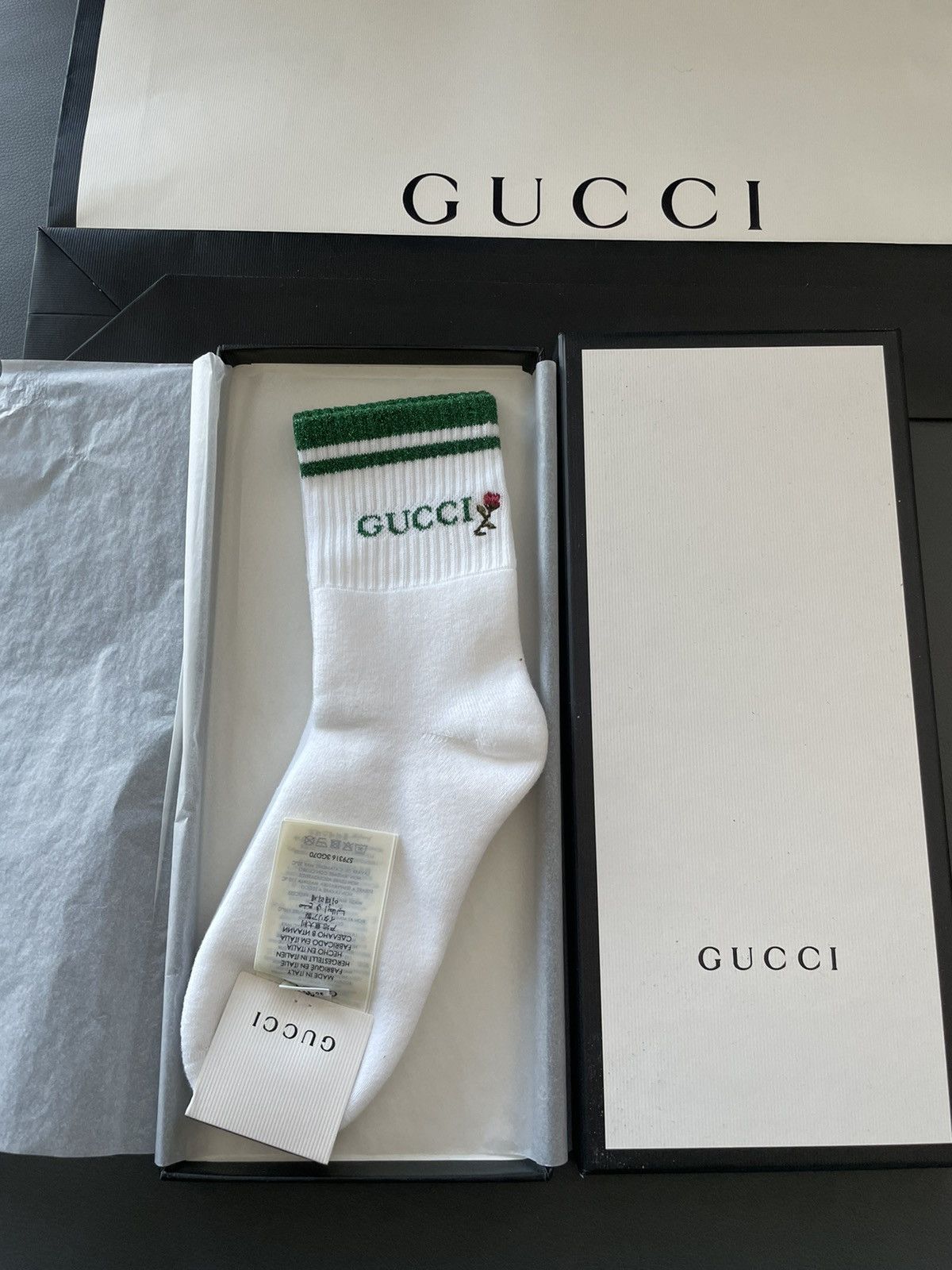 image of Super Runway Unisex Gucci Rose Logo Socks in White, Men's