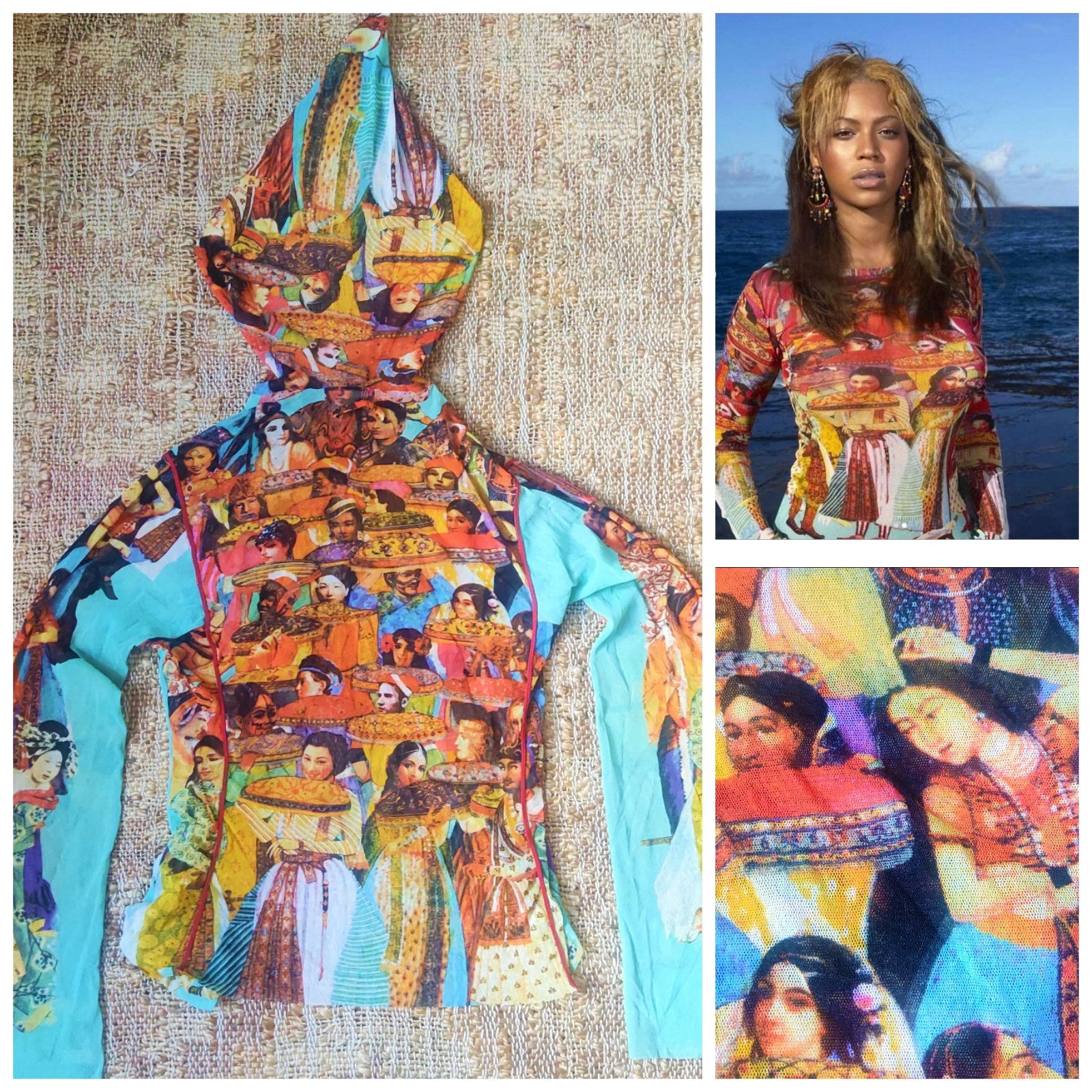 Image of Jean Paul Gaultier Face People Patchwork Mesh T-Shirt Top in Mulicolor Blue Red Pink Yewllow (Size 