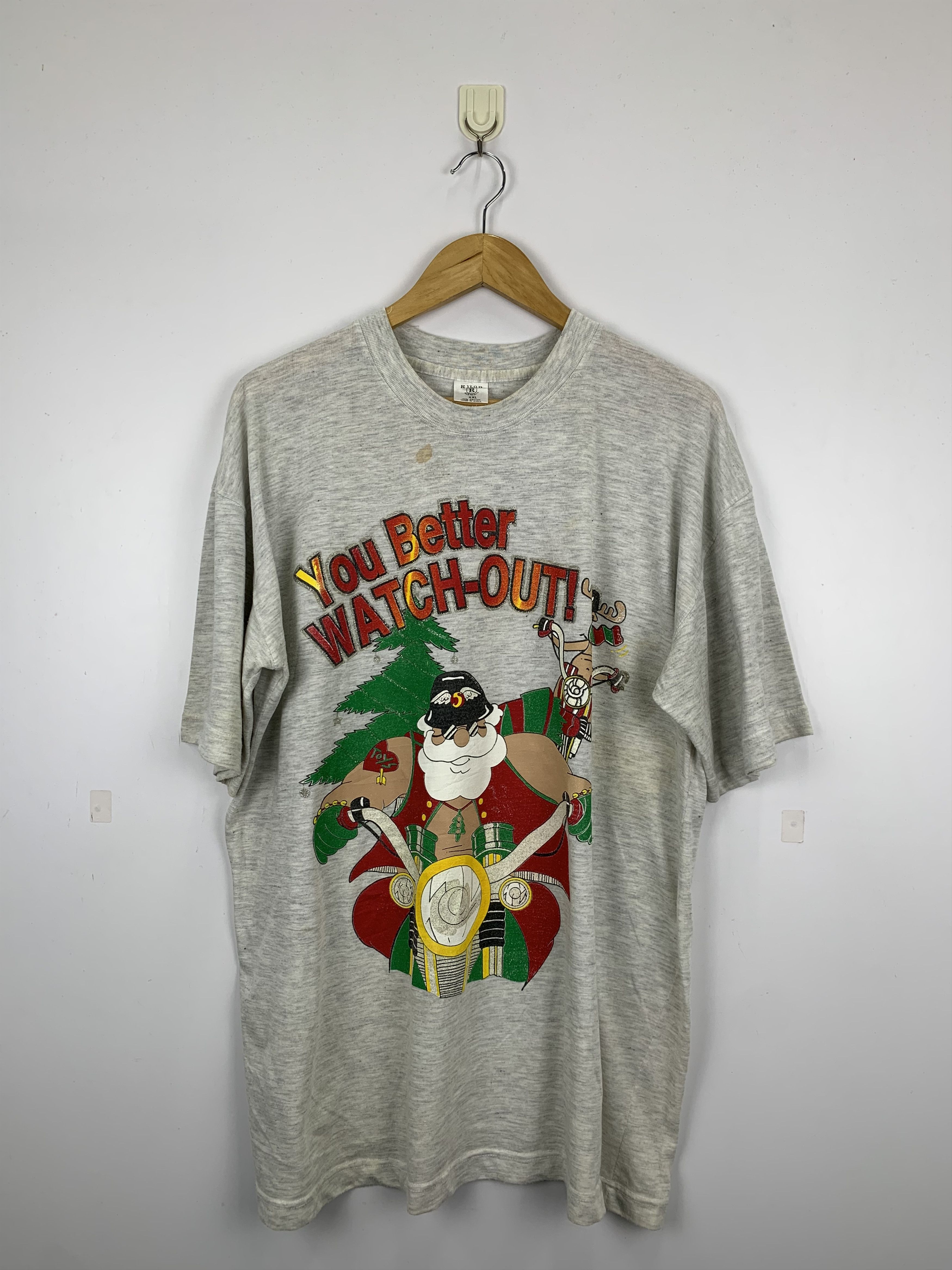 image of 1990X Clothing x Vintage 90's You Better Watch-Out Photo Tee in Grey, Men's (Size 2XL)