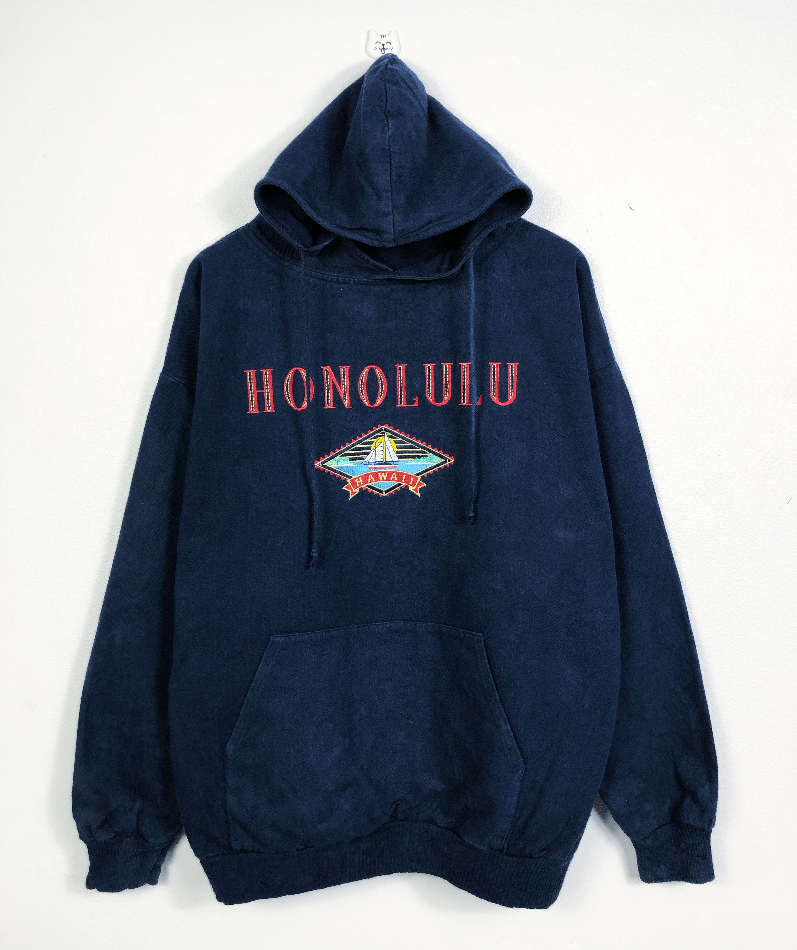 image of Vintage Crazy Shirts Honolulu Hawaii Embroidered Hoodies in Blue, Men's (Size Medium)