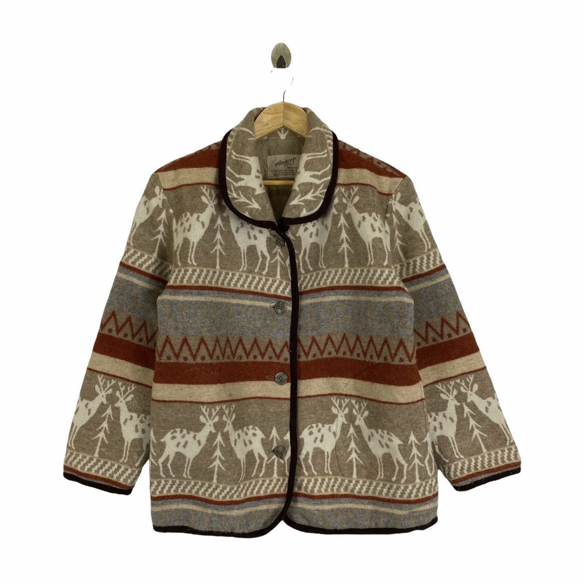 image of Vintage More Up Aztec Animal Design Wool Coat Jacket in Brown, Men's (Size Small)