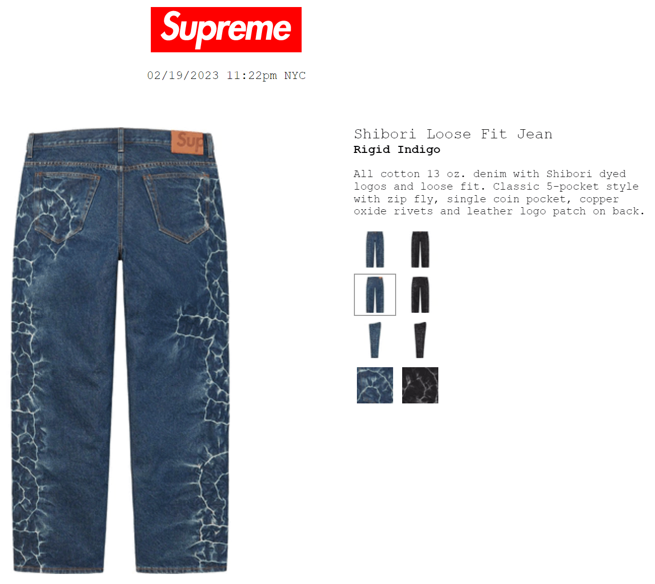 Supreme Shibori Jean Rigid Indigo Size 34 Denim NEW SS23