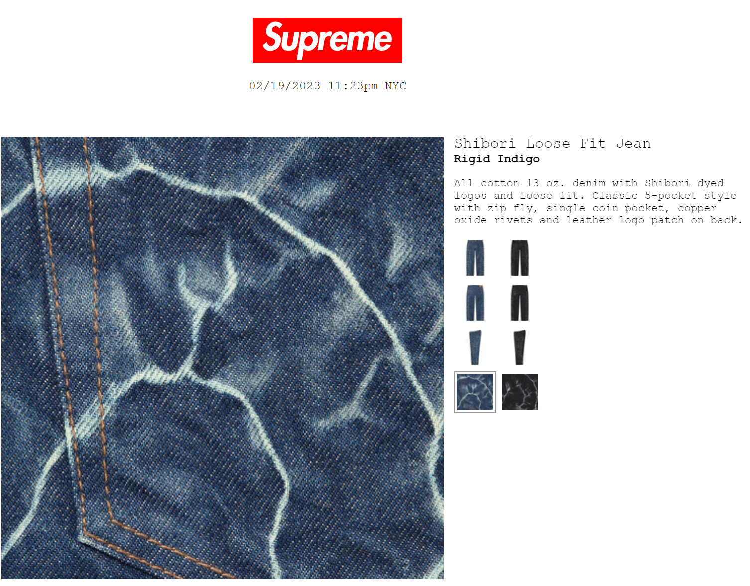 Supreme Shibori Jean Rigid Indigo Size 34 Denim NEW SS23