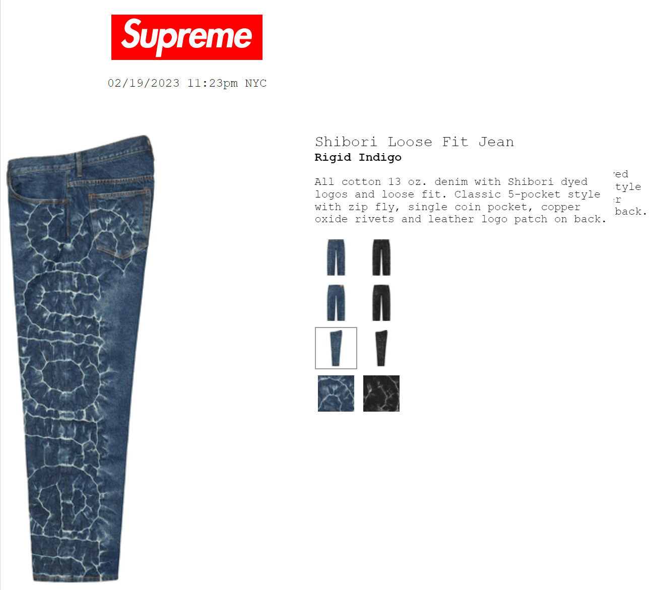 Supreme Shibori Jean Rigid Indigo Size 34 Denim NEW SS23