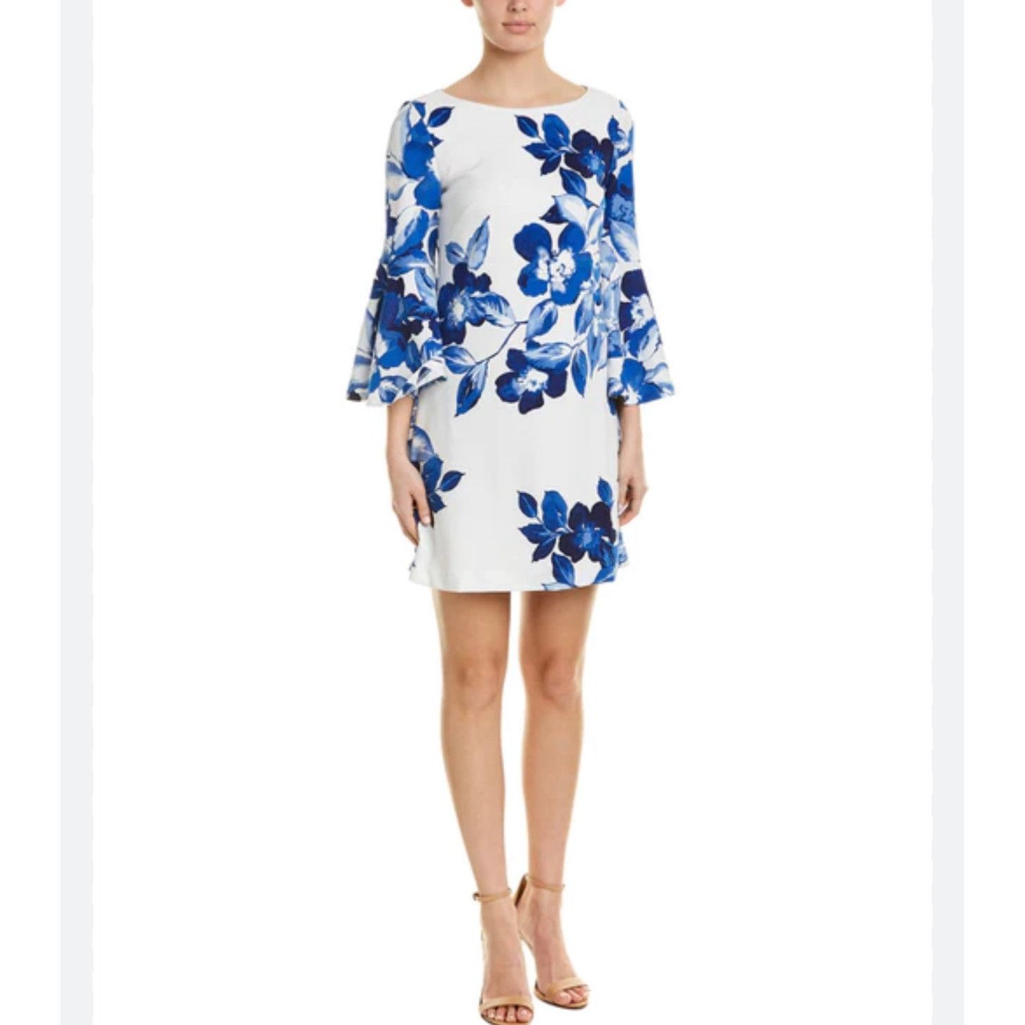 Eliza J White With Blue Floral Print Bell Sleeve Dress 20W