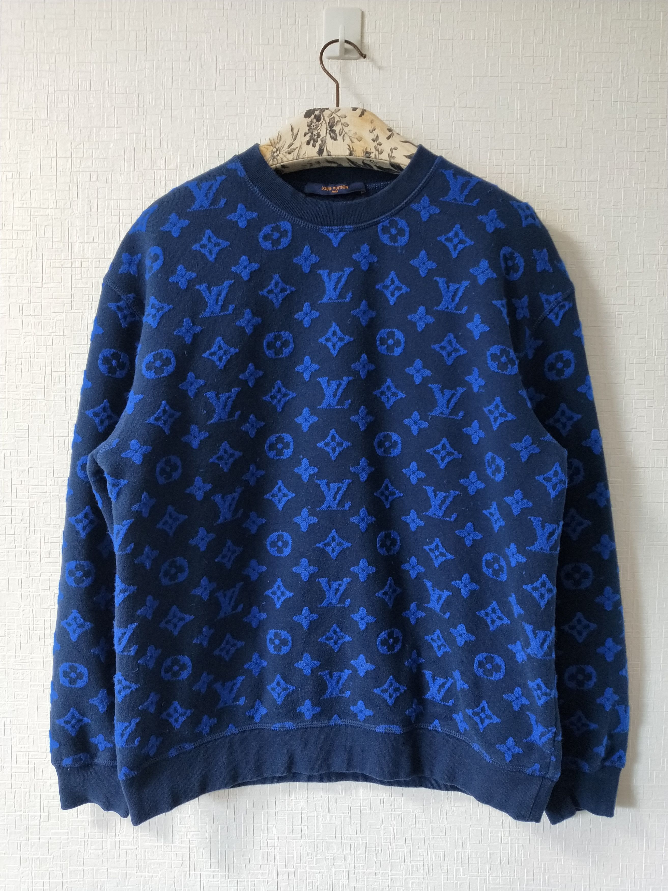 Louis Vuitton Full Monogram Jacquard Crewneck Sweatshirt Navy Size M Logo  20SS