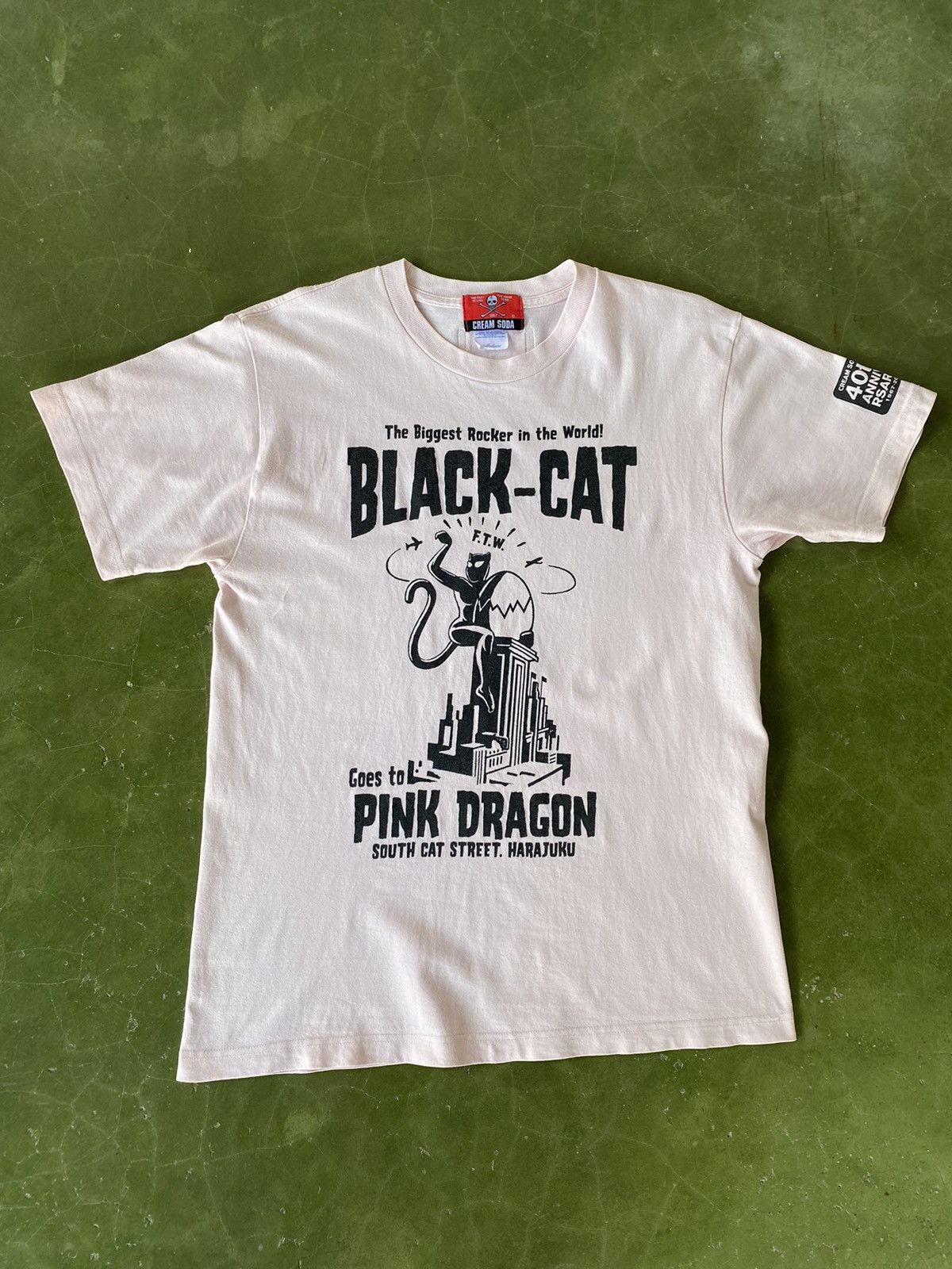 image of Vintage Cream Soda Black Cat T-Shirt in Light Pink, Men's (Size Medium)