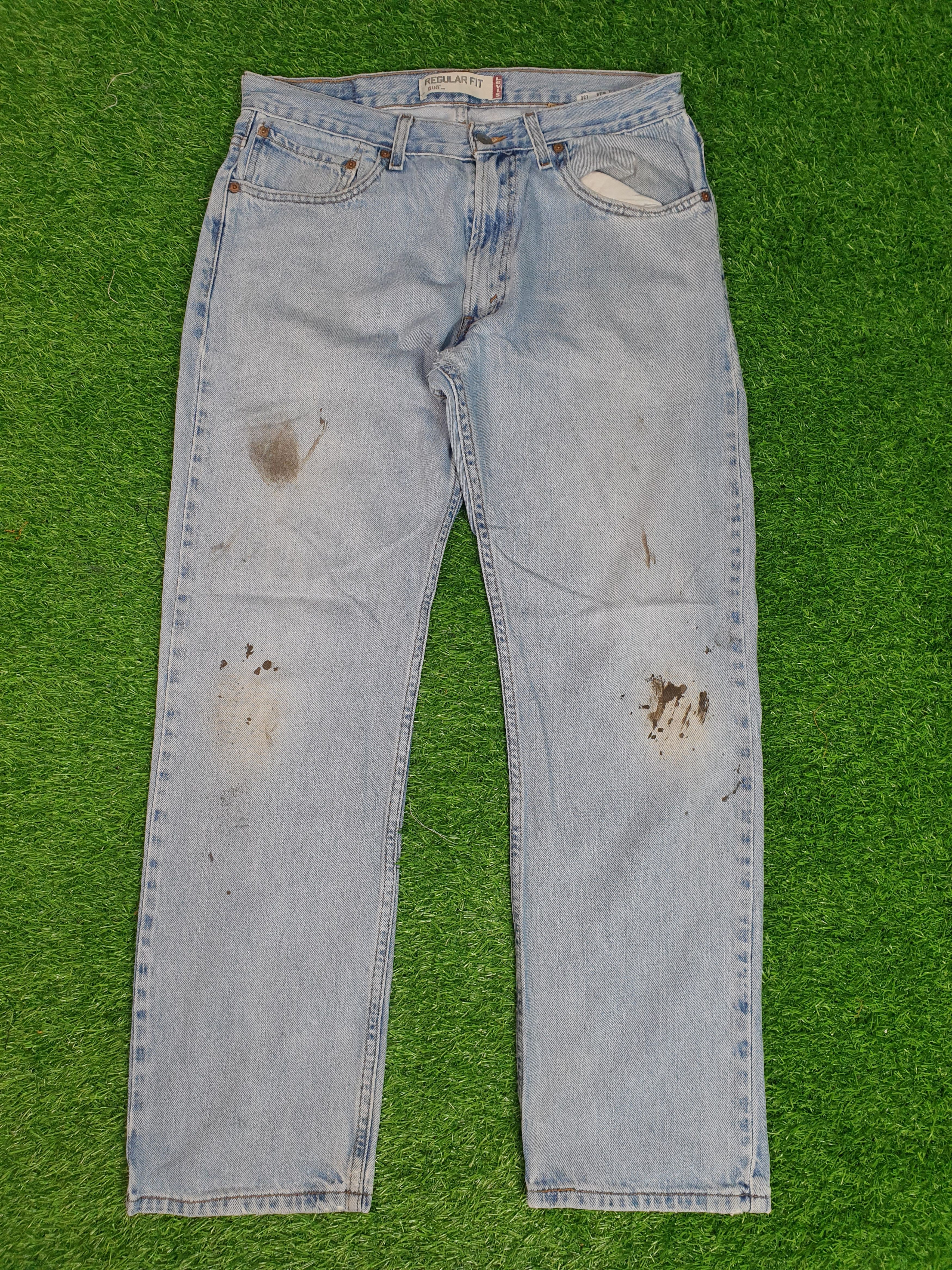 image of Distressed Denim x Levis 505 Light Wash Faded Rusty Stain 34X30 Jeans L0158 in Light Blue, Men's