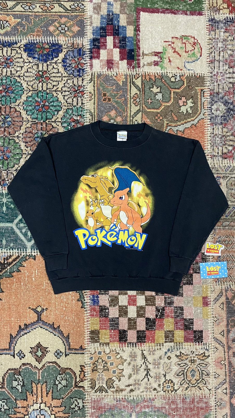 image of 1999 Vintage Nintendo Pokemon Charizard Evolution Sweater in Black, Men's (Size Small)