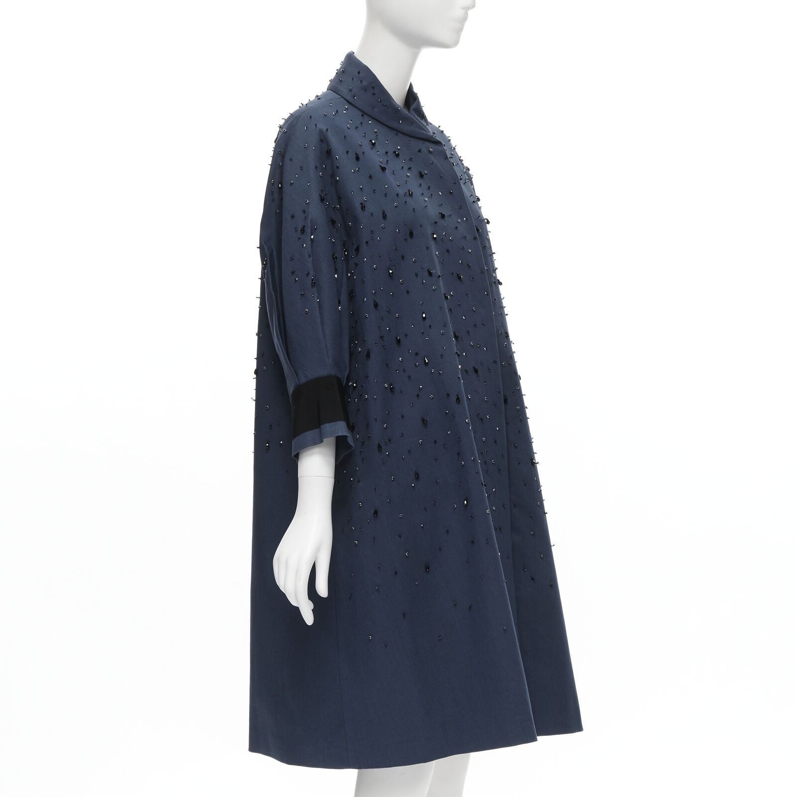 Image of Runway Prada 2015 Blue Cotton Crystal Rhinestone Embellished Cocoon Coat It38 Xs, Women's